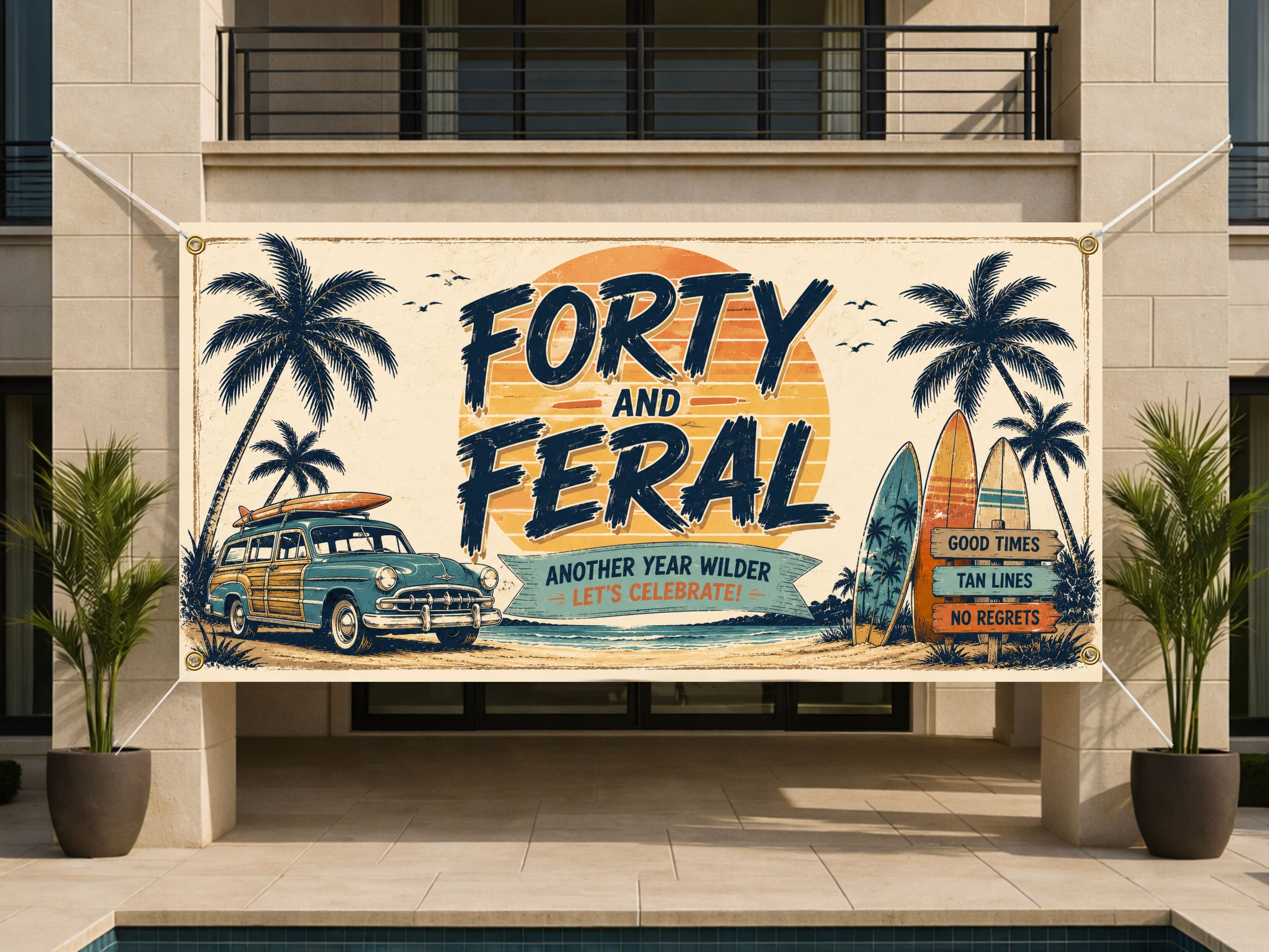 Funny 40th Birthday Banner, Forty and Feral Party Sign, Custom Backdrop