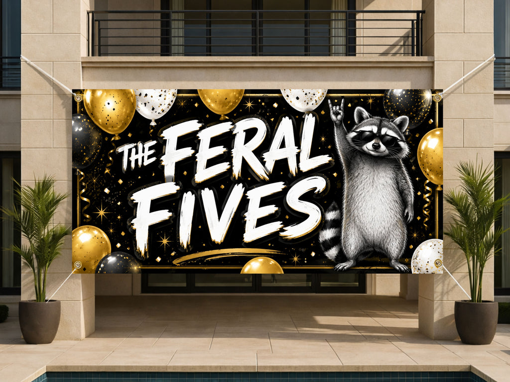5th Birthday Banner, Feral Fives Party Backdrop, Funny Raccoon Sign