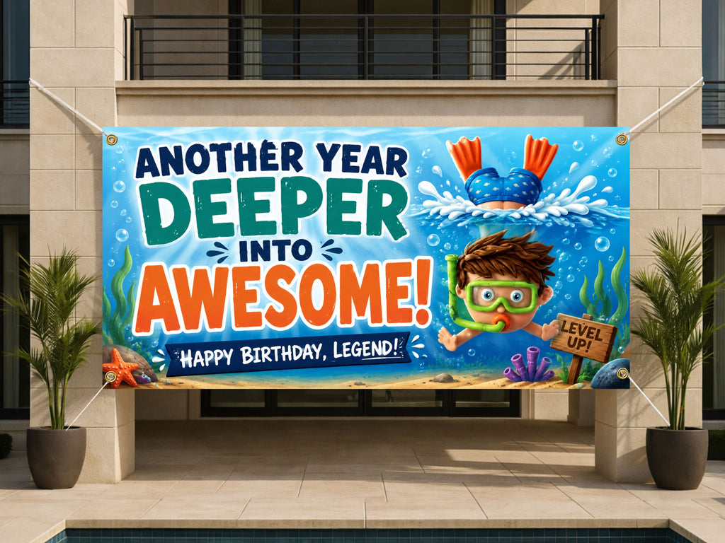 Funny Kids Birthday Banner Swimming, Diving, Pool Backdrop