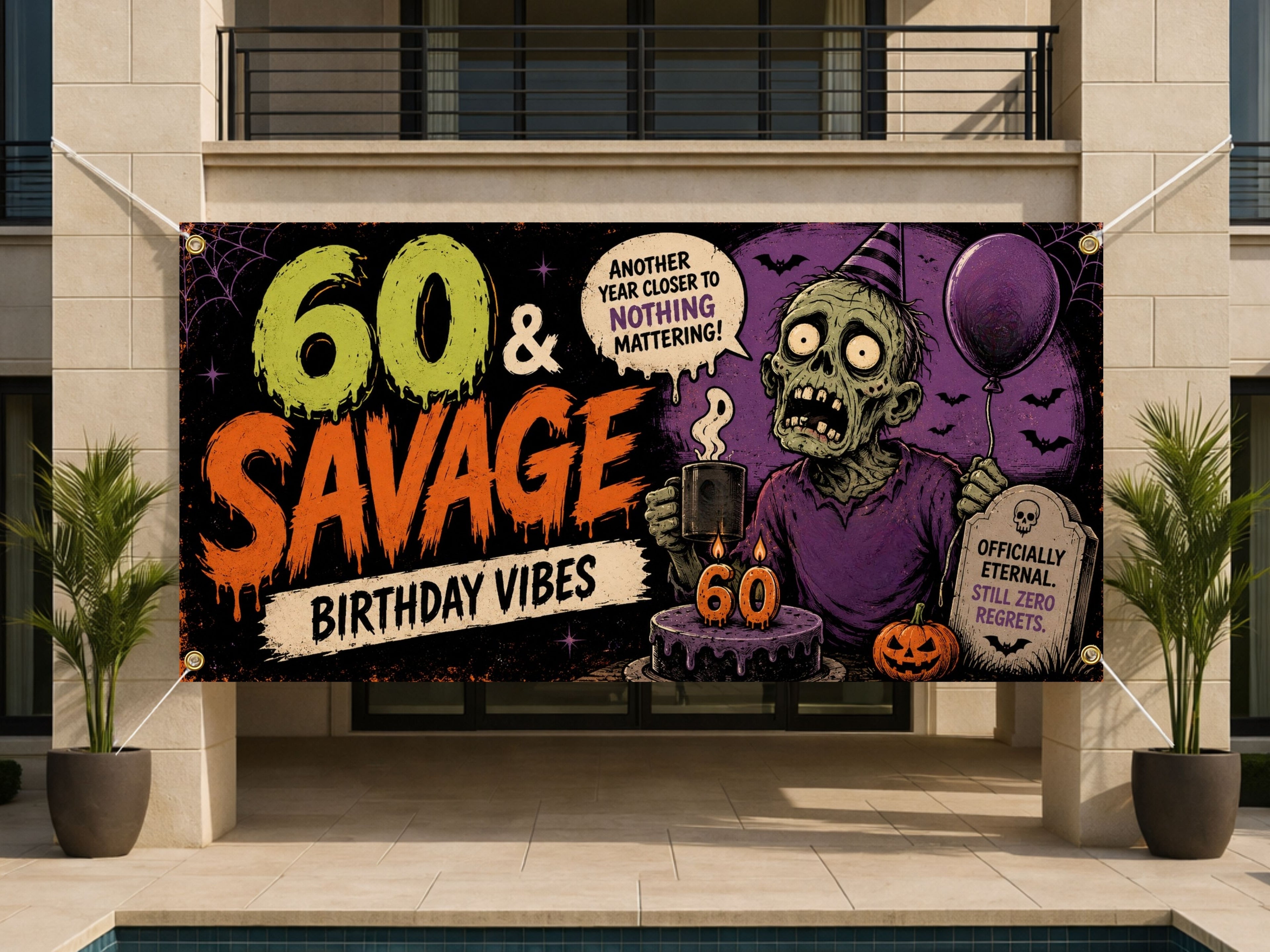 Funny 60th Birthday Banner, Sixty And Savage Zombie Party Sign, Halloween Backdrop