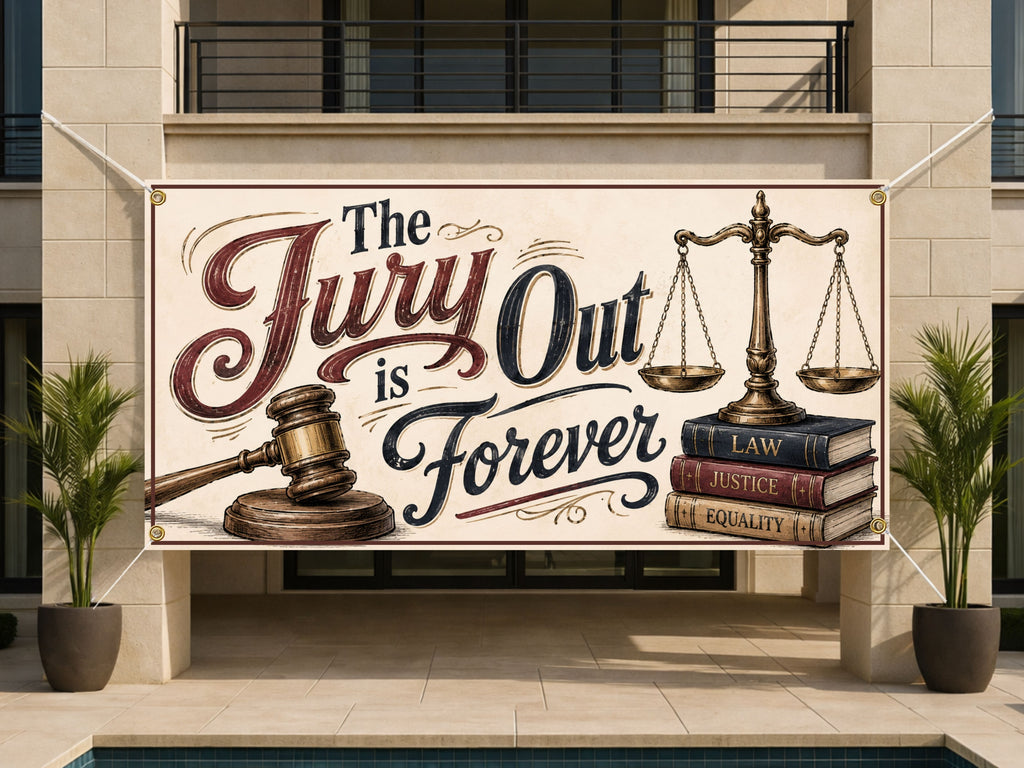 Lawyer Retirement Banner, Jury Is Out Sign, Office Farewell Backdrop