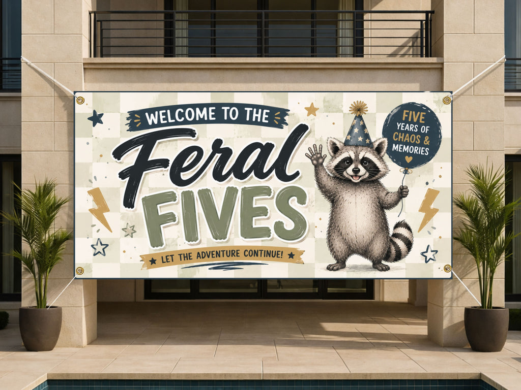 Funny Raccoon Fifth Birthday Celebration Sign, Feral Fives 5 yrs of Chaso Birthday Banner