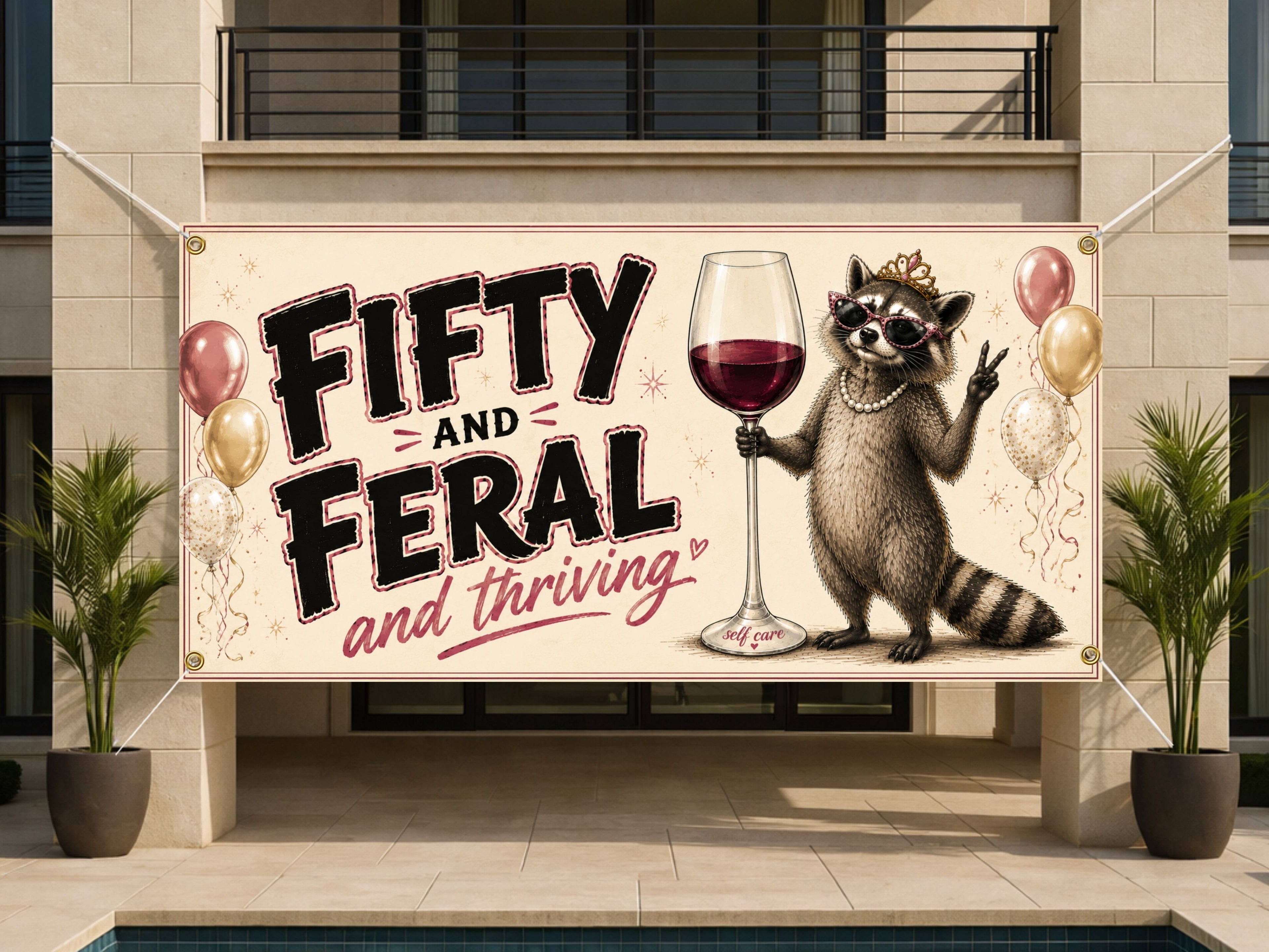 Funny 50th Birthday Banner, Fifty And Feral Sign, Wine Party Backdrop