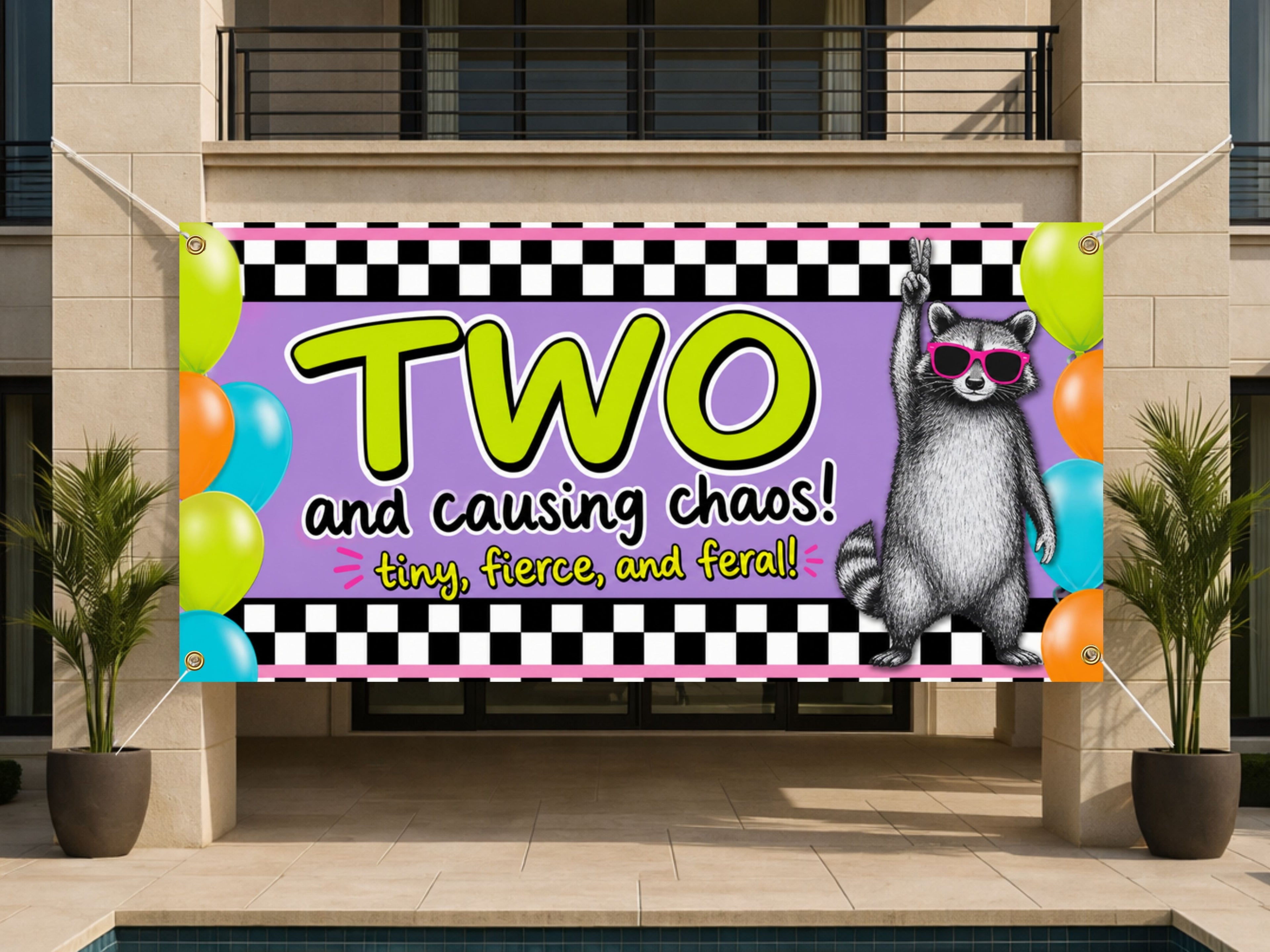 Funny 2nd Birthday Banner, Raccoon Party Sign, Toddler Backdrop