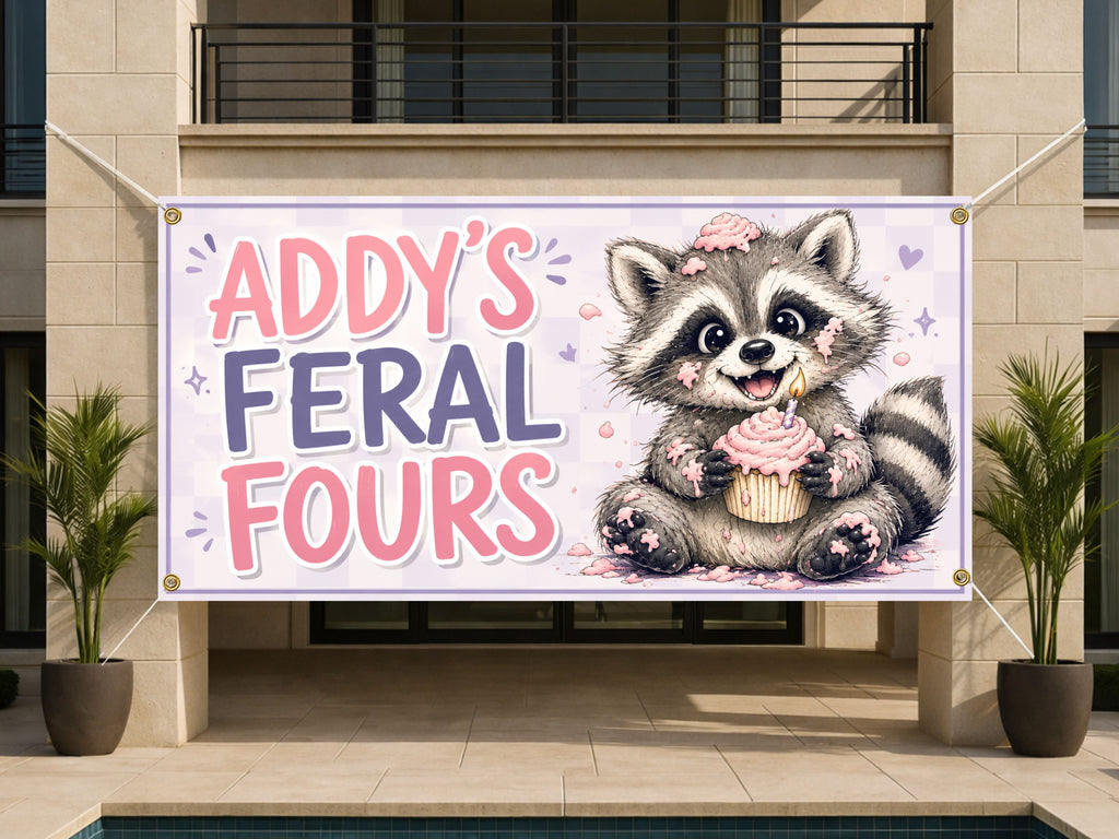 Feral 4th Birthday Banner, Raccoon Party Sign, Personalized Backdrop