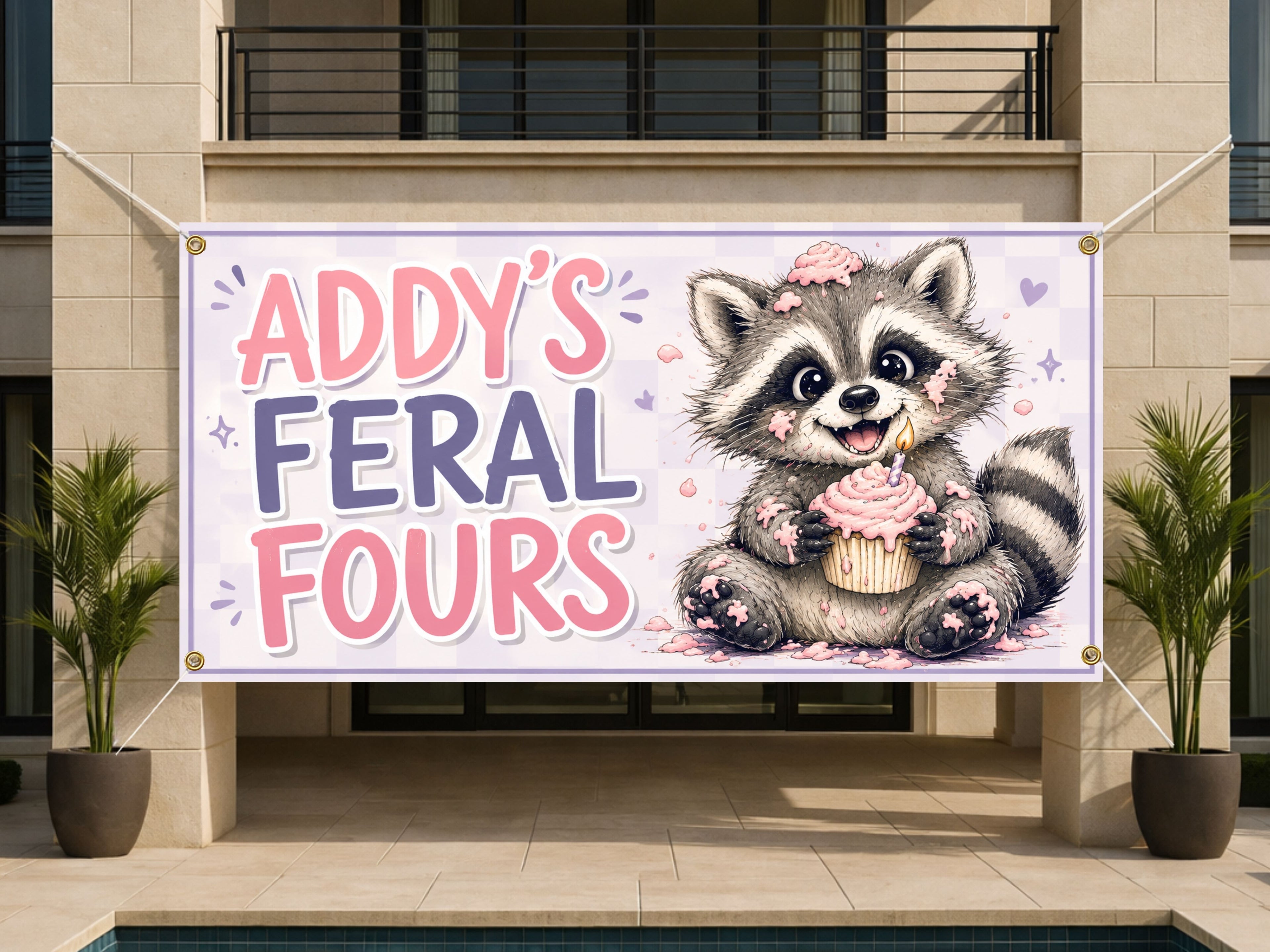 Feral 4th Birthday Banner, Raccoon Party Sign, Personalized Backdrop