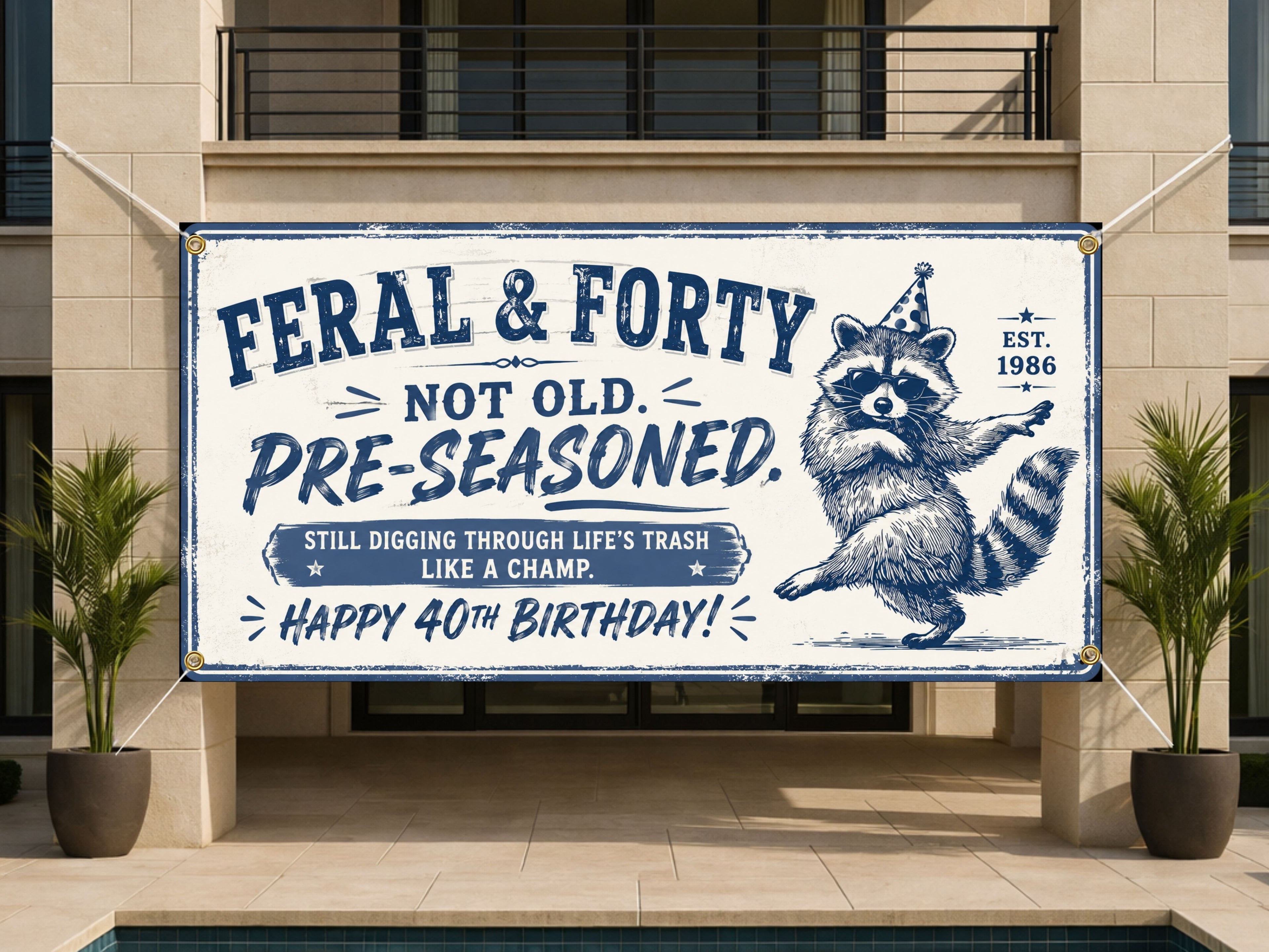 Funny 40th Birthday Banner, Feral Raccoon Sign, Party Backdrop