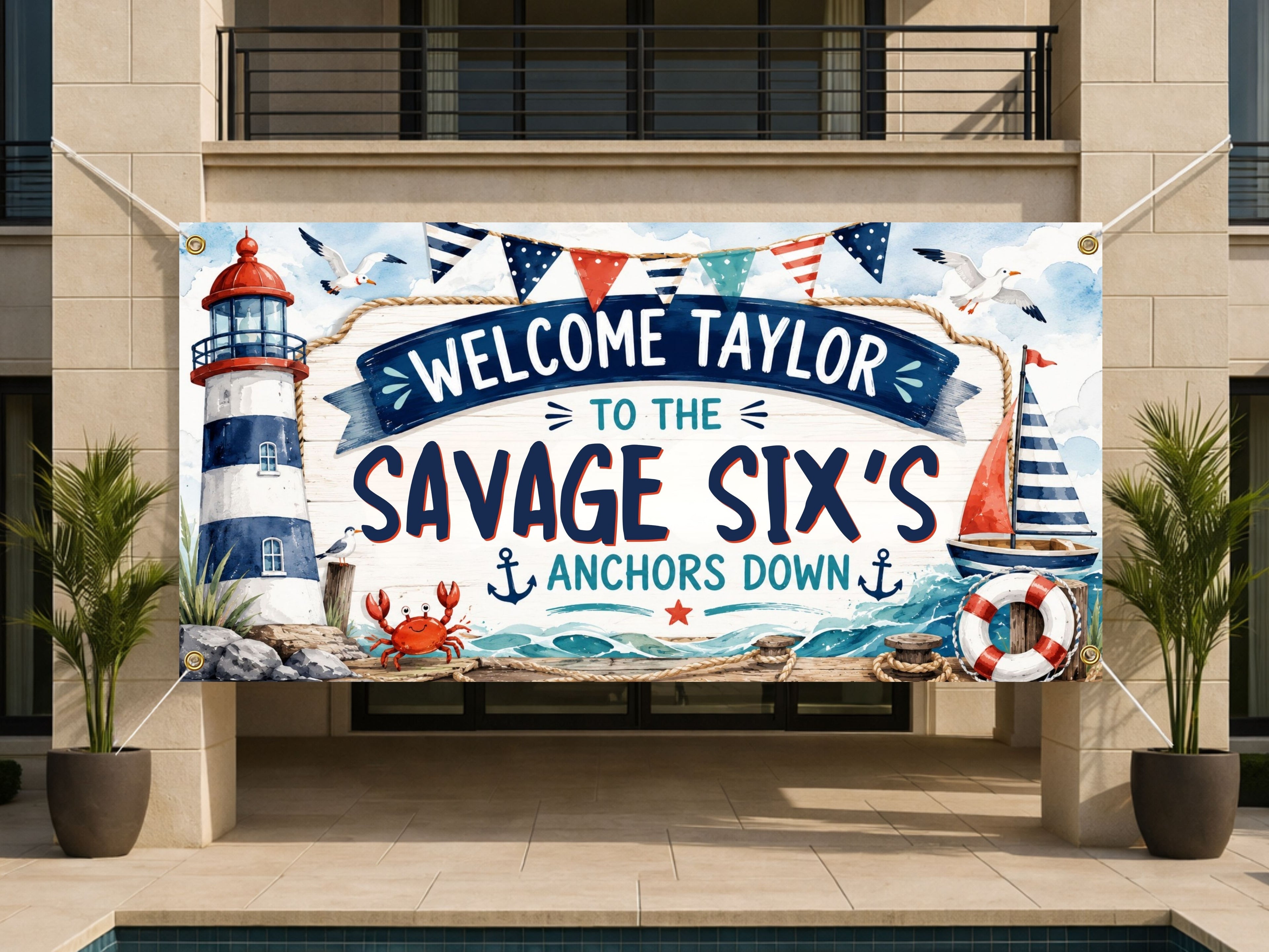 Savage Six Birthday Banner, Six and 6 Year Old Nautical Birthday Party Decor, Sailing Birthday