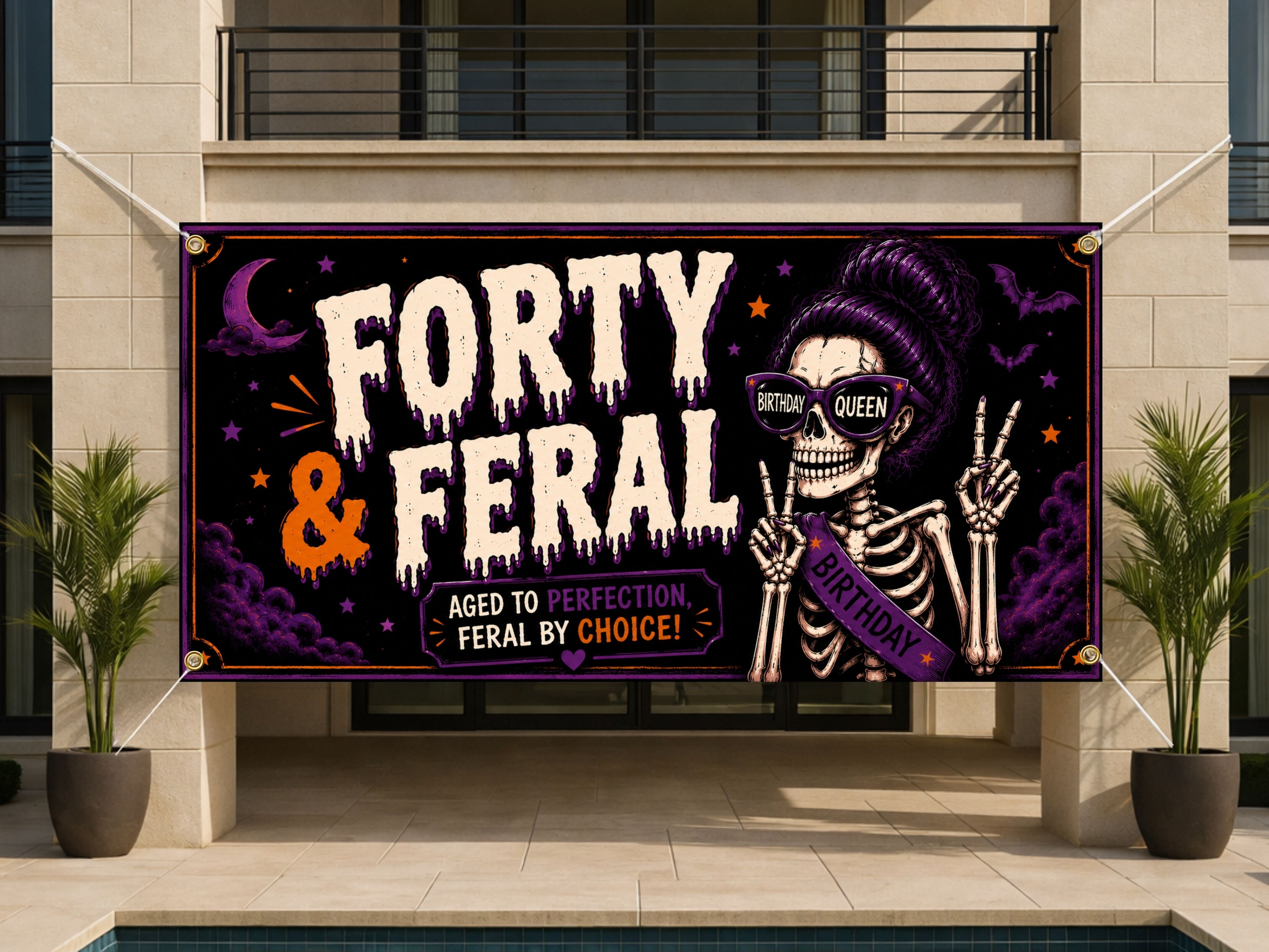 Funny 40th Birthday Banner, Forty And Feral Party Sign, Skeleton Backdrop