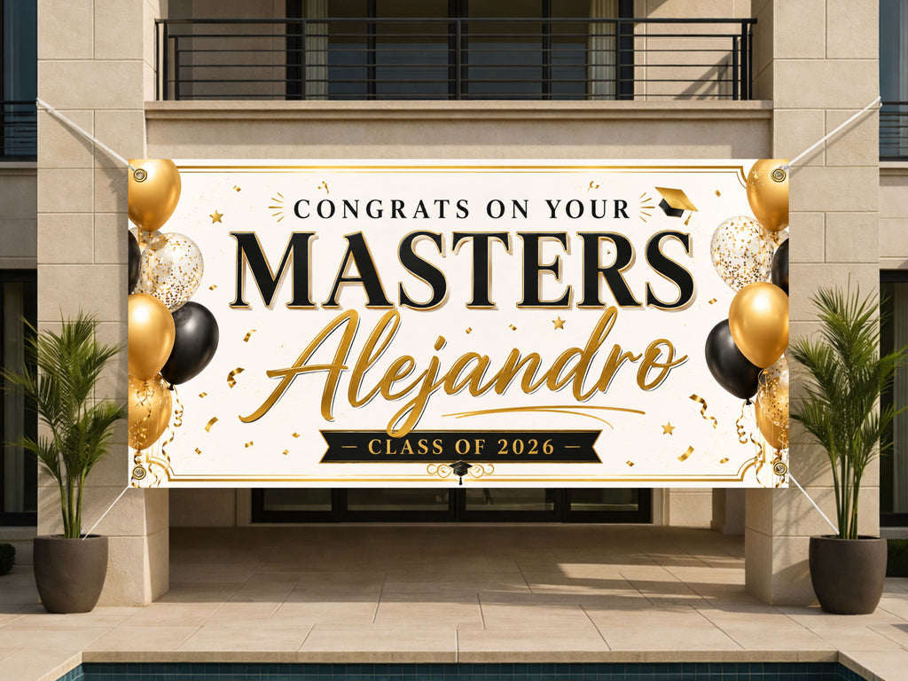 Masters Graduation Banner, Personalized Grad Party Sign, Custom Name Backdrop
