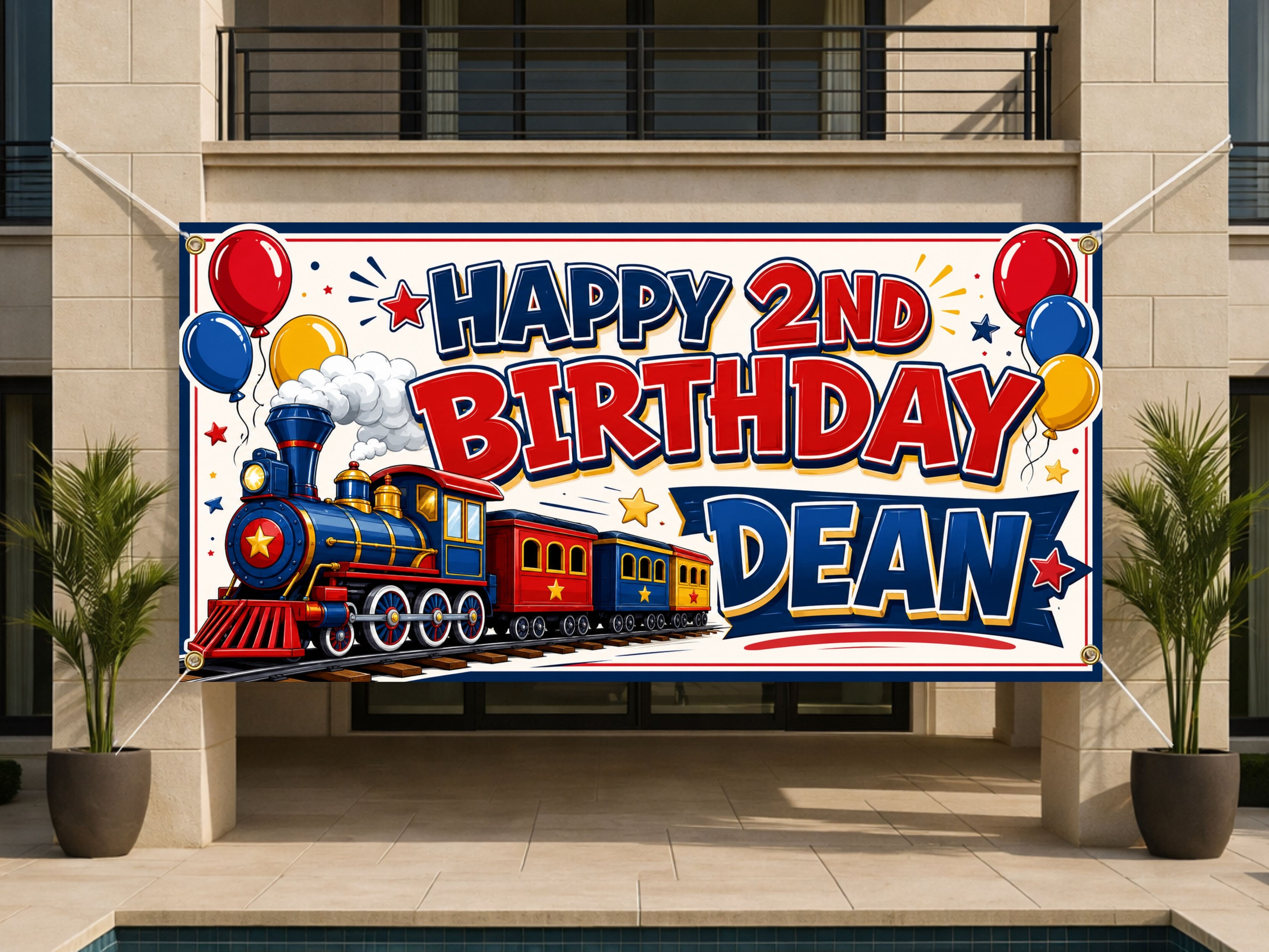 2nd Birthday Train Banner, Boy Party Sign, Personalized Backdrop