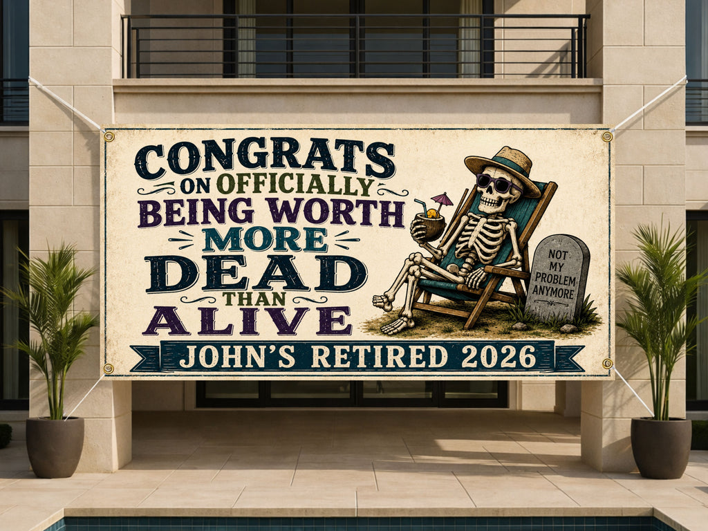 Funny Retirement Banner, Skeleton Party Sign, Office Farewell Backdrop