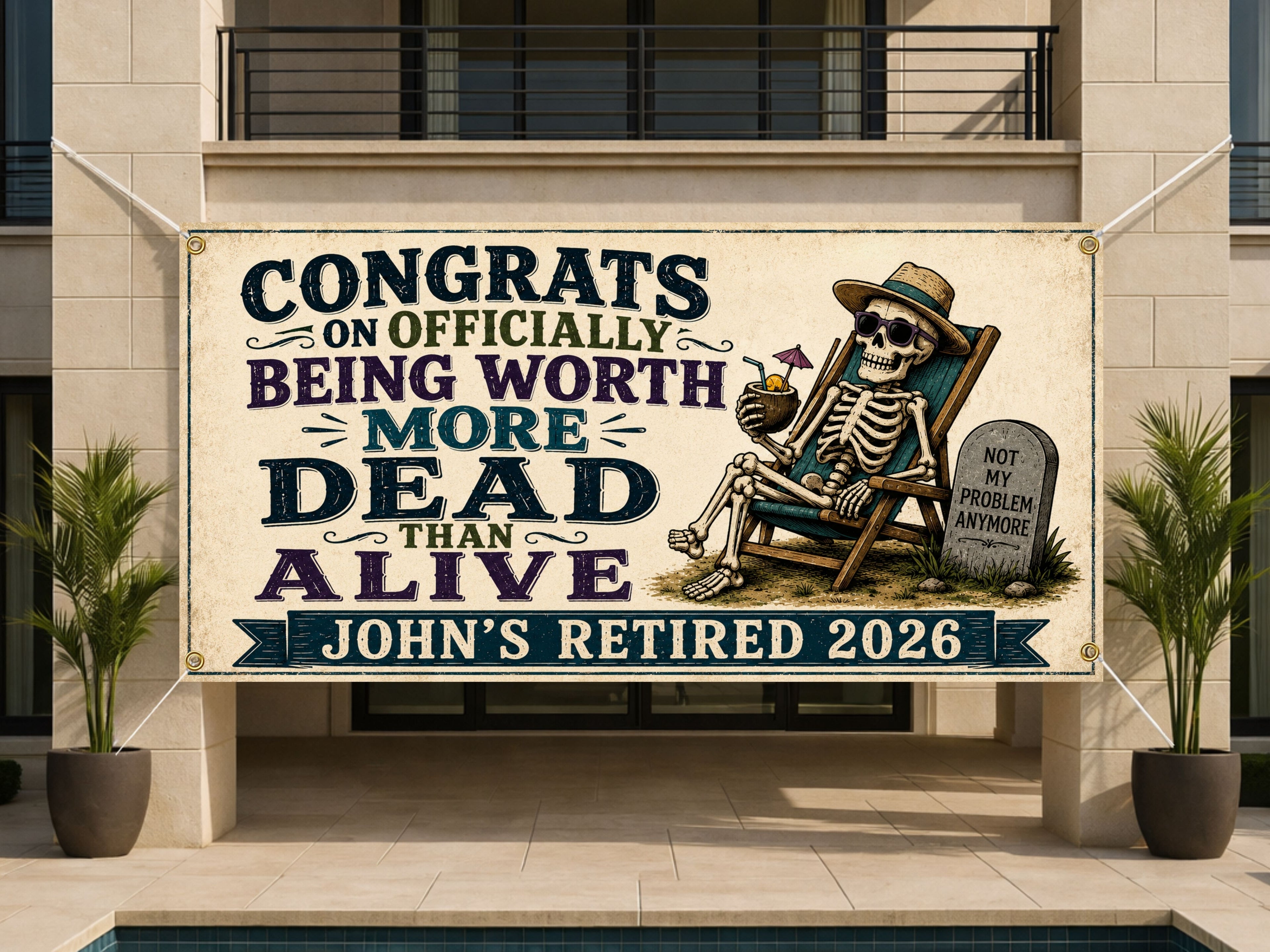 Funny Retirement Banner, Skeleton Party Sign, Office Farewell Backdrop