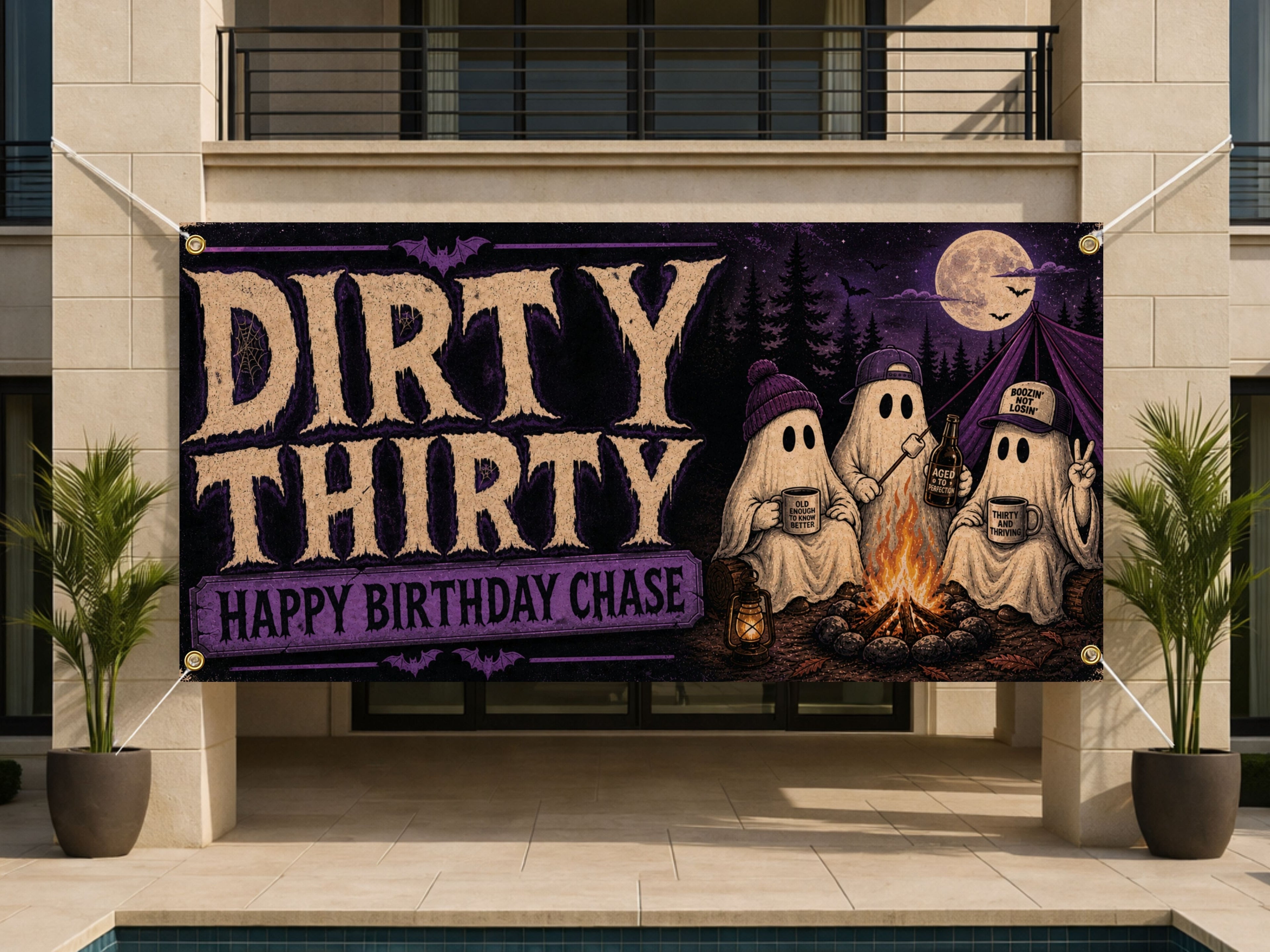 Funny 30th Birthday Banner, Dirty Thirty Ghost Party Sign, Camping Backdrop