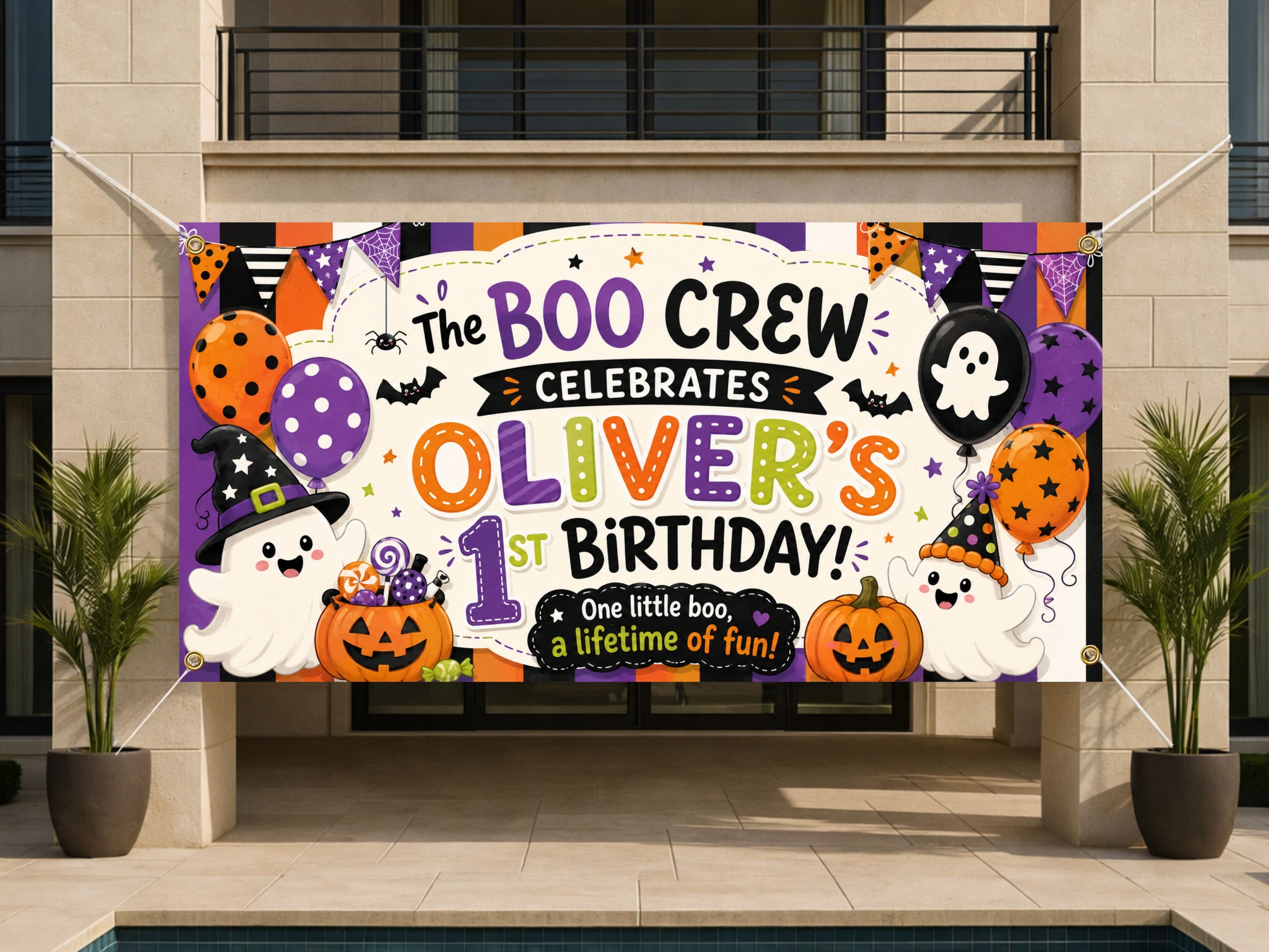 Personalized 1st Birthday Banner, Boo Crew Ghost Party Sign, Halloween Backdrop