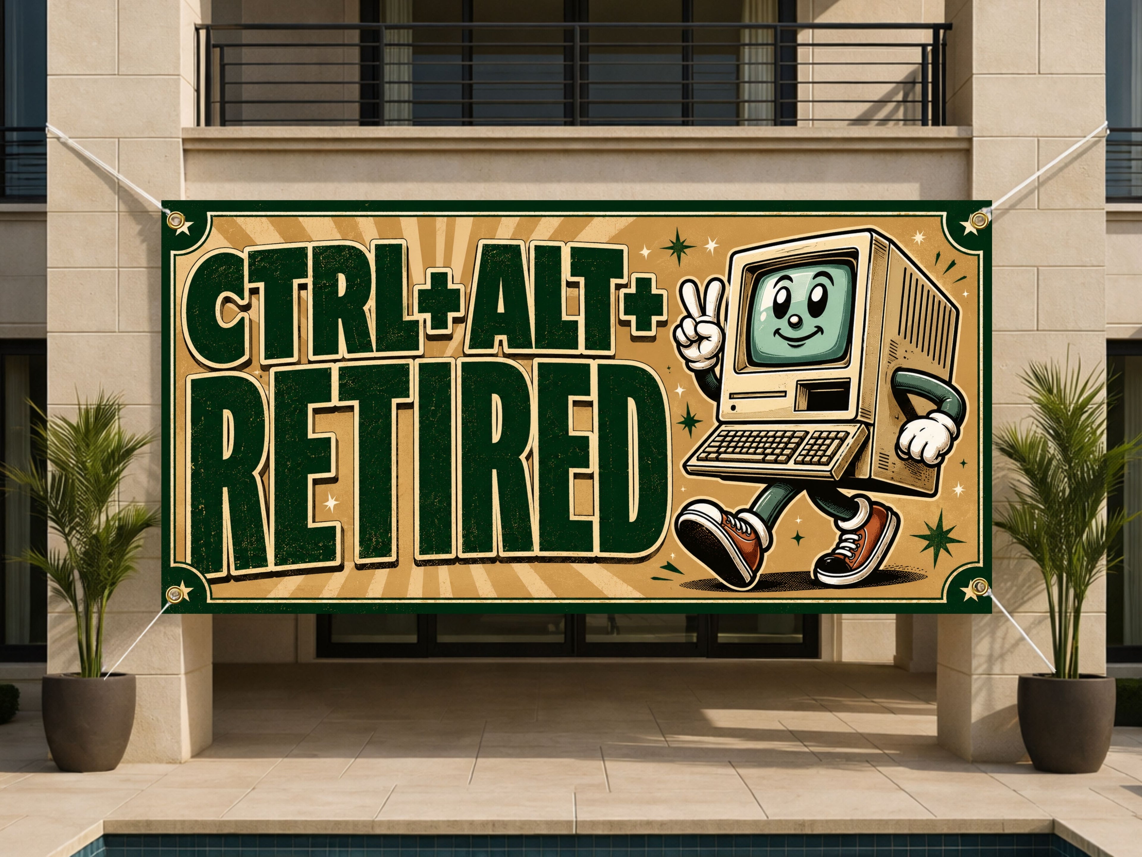 Funny Retirement Banner, Retro Computer Sign, Office Farewell Backdrop