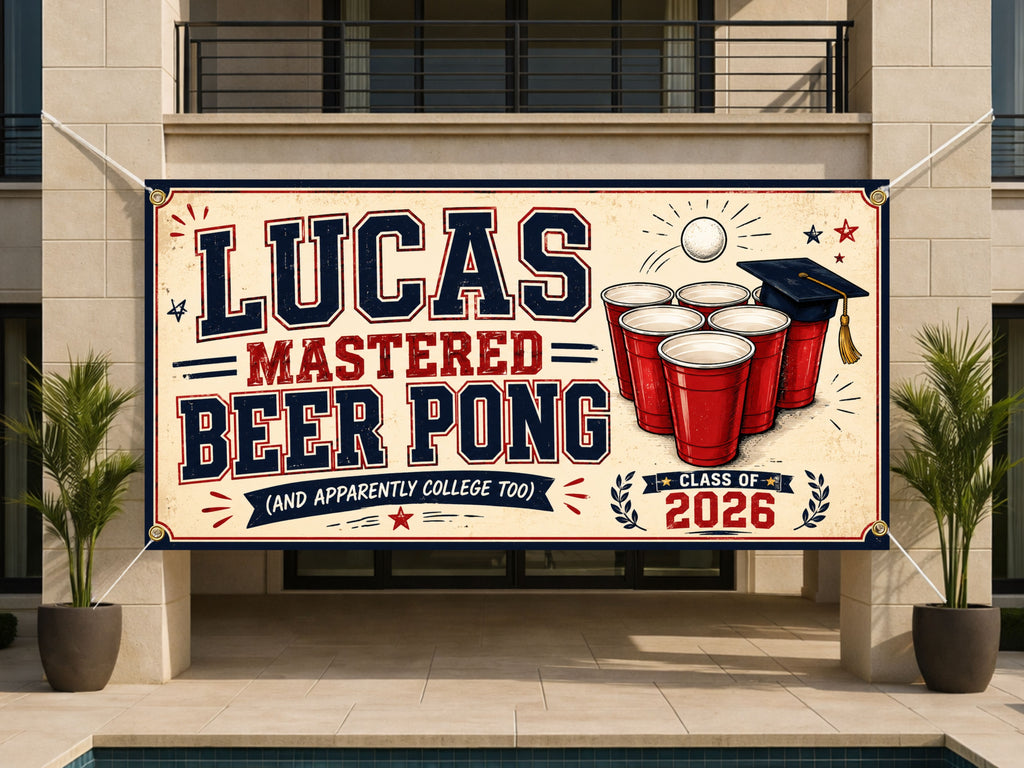 Funny Masters Graduation Banner, Beer Pong Grad Sign, College Backdrop