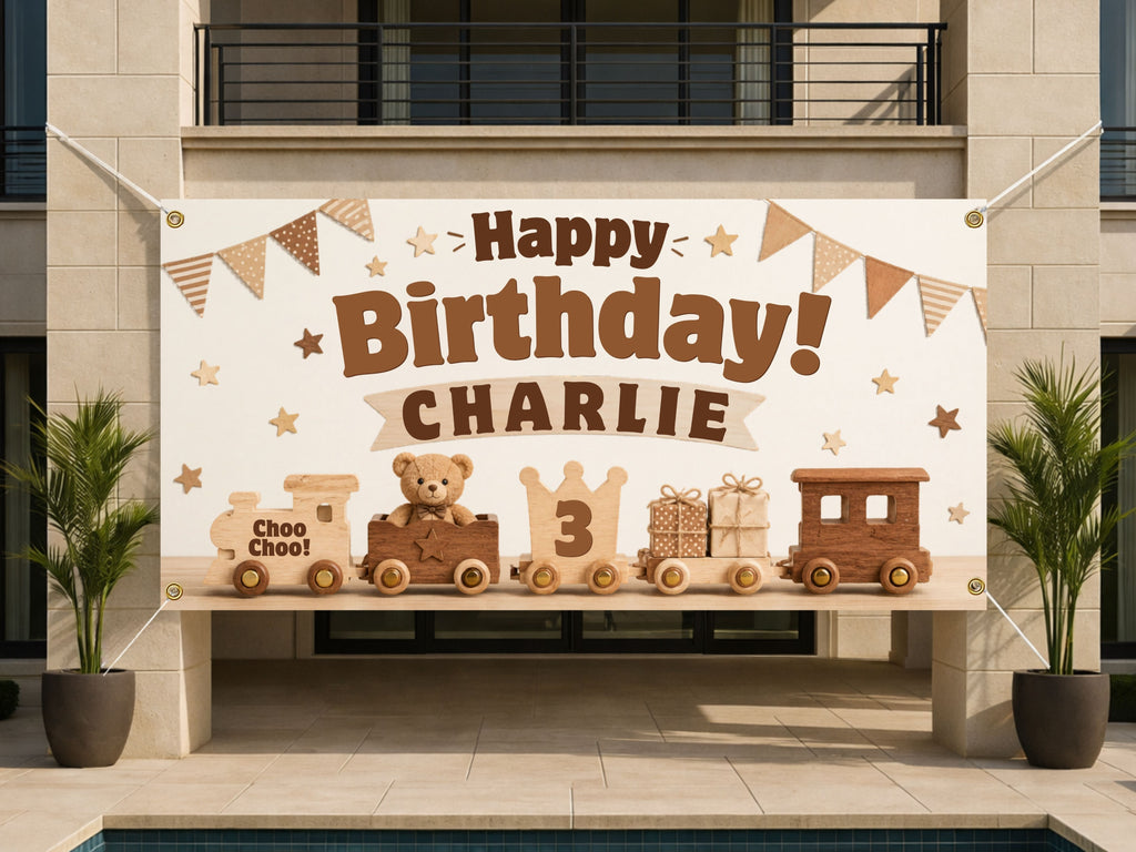 3rd Birthday Banner, Wooden Train Party Sign, Personalized Kids Birthday Banner