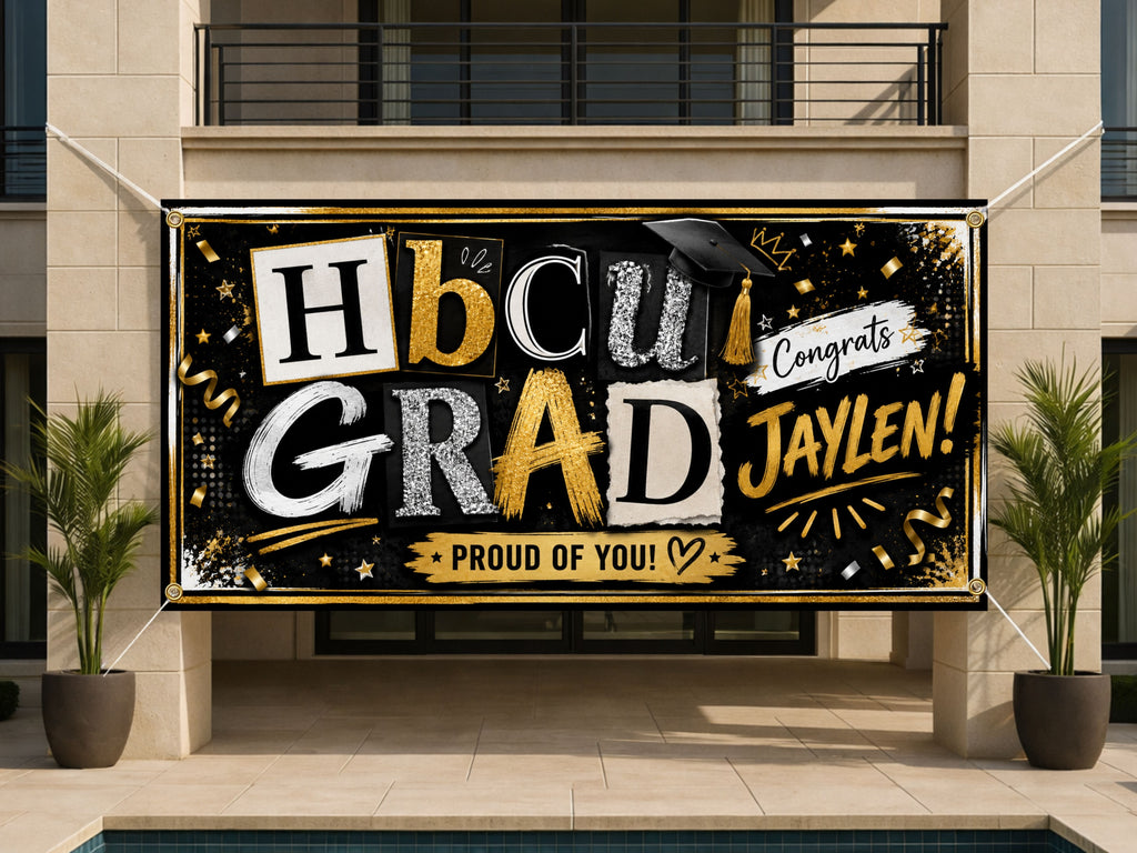HBCU Graduation Banner, Personalized Grad Sign, Black Gold Backdrop