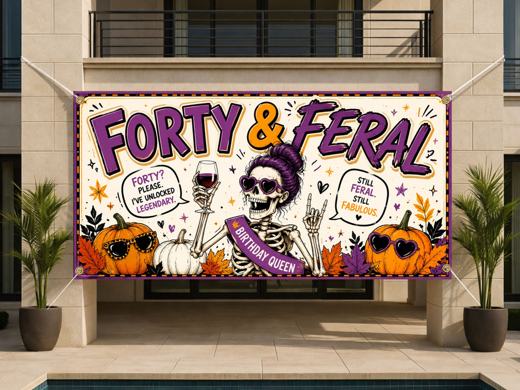 Funny 40th Birthday Banner, Skeleton Party Backdrop, Feral Birthday Decor