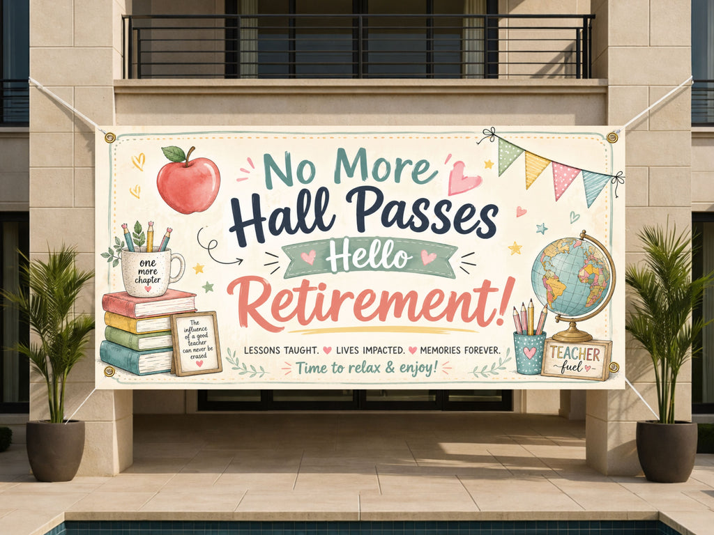 Teacher Retirement Banner, No More Hall Passes Sign, School Farewell Backdrop