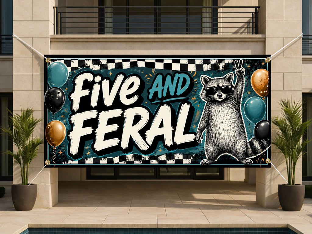 Funny 5th Birthday Banner, Five and Feral Raccoon Party Sign, Kids Birthday Backdrop