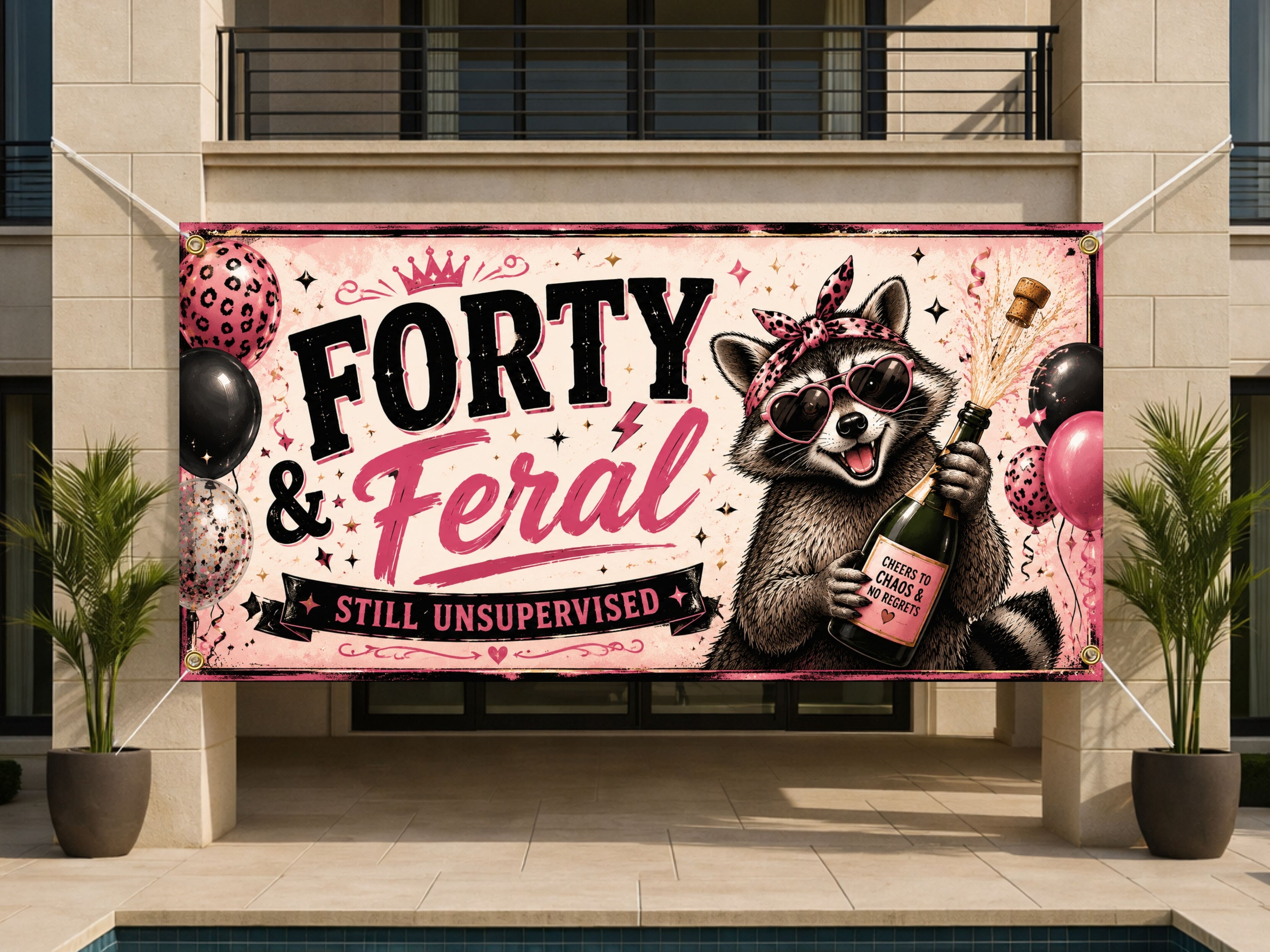 40th Birthday Banner, Forty and Feral Party Backdrop, Funny Raccoon Sign
