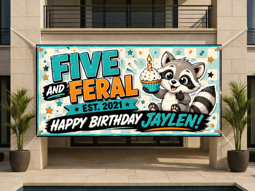 Funny 5th Birthday Banner, Raccoon Party Sign, Boy Backdrop