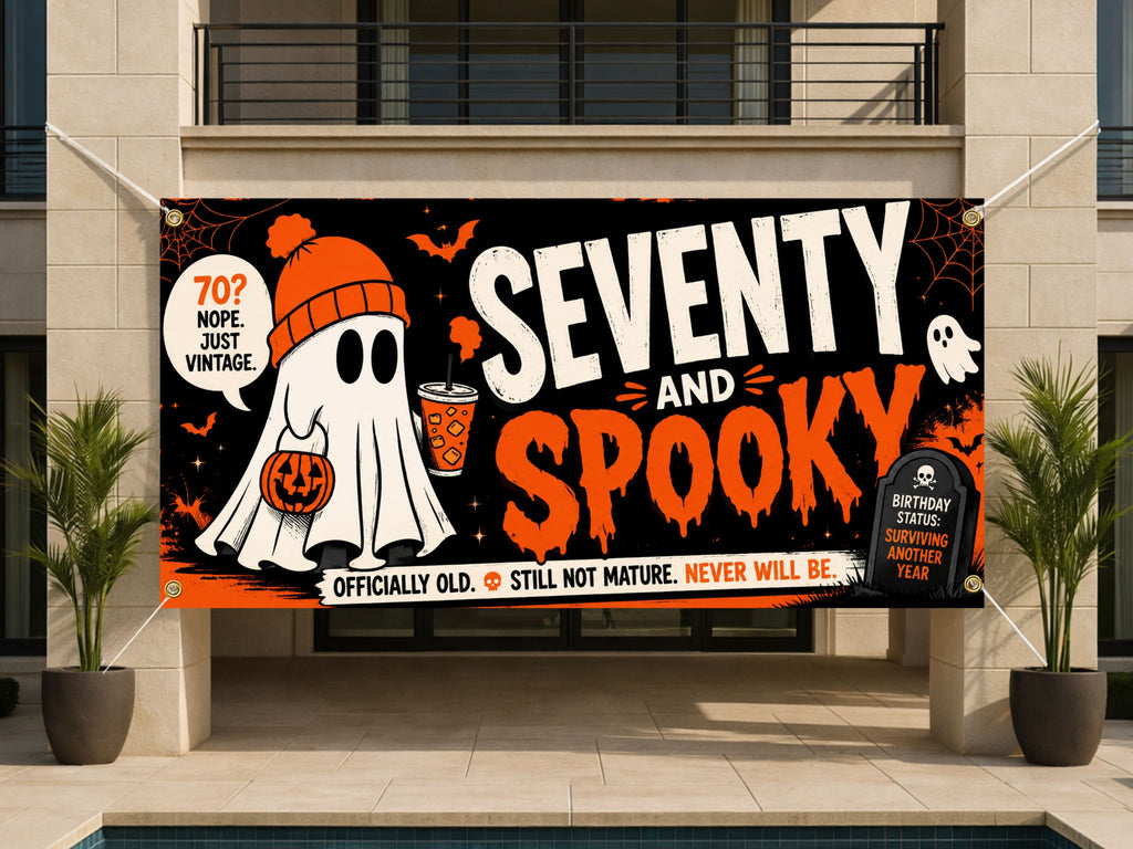 Funny 70th Birthday Banner, Seventy And Spooky Party Sign, Ghost Backdrop