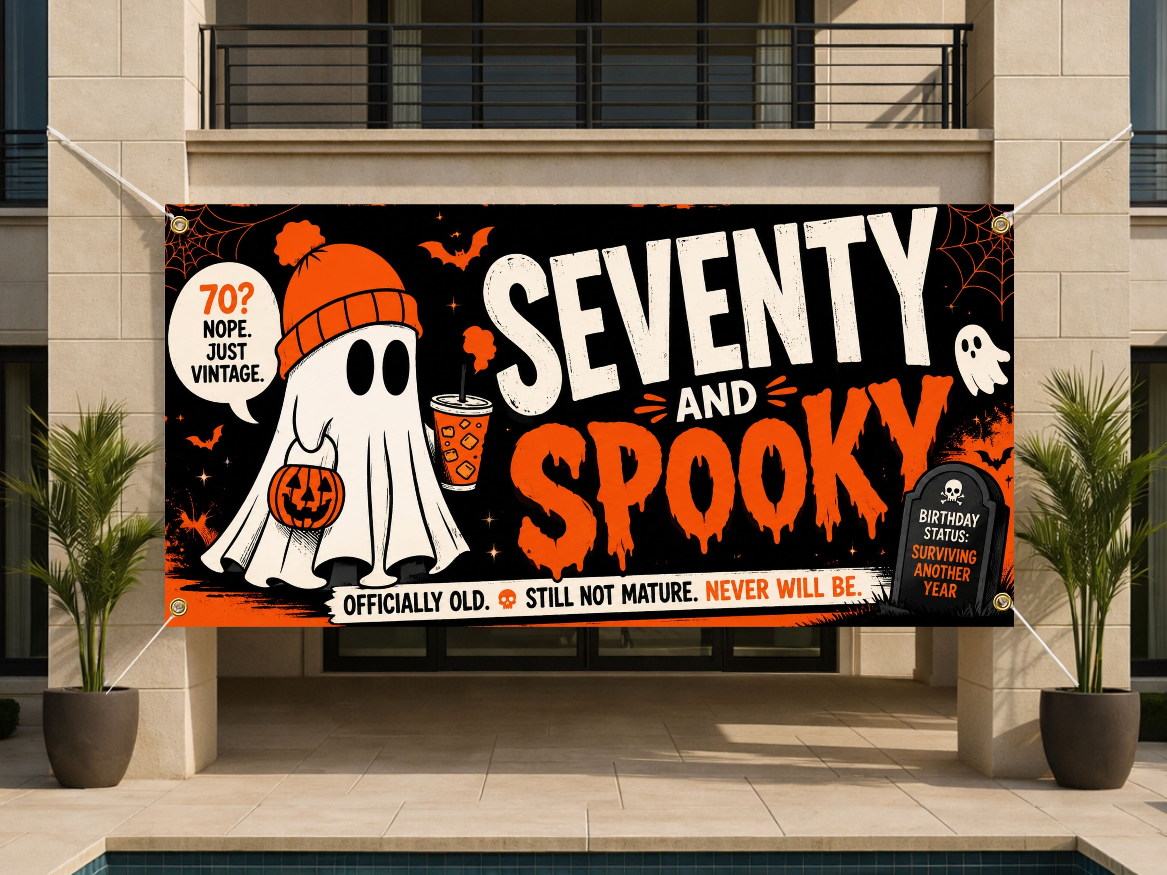 Funny 70th Birthday Banner, Seventy And Spooky Party Sign, Ghost Backdrop