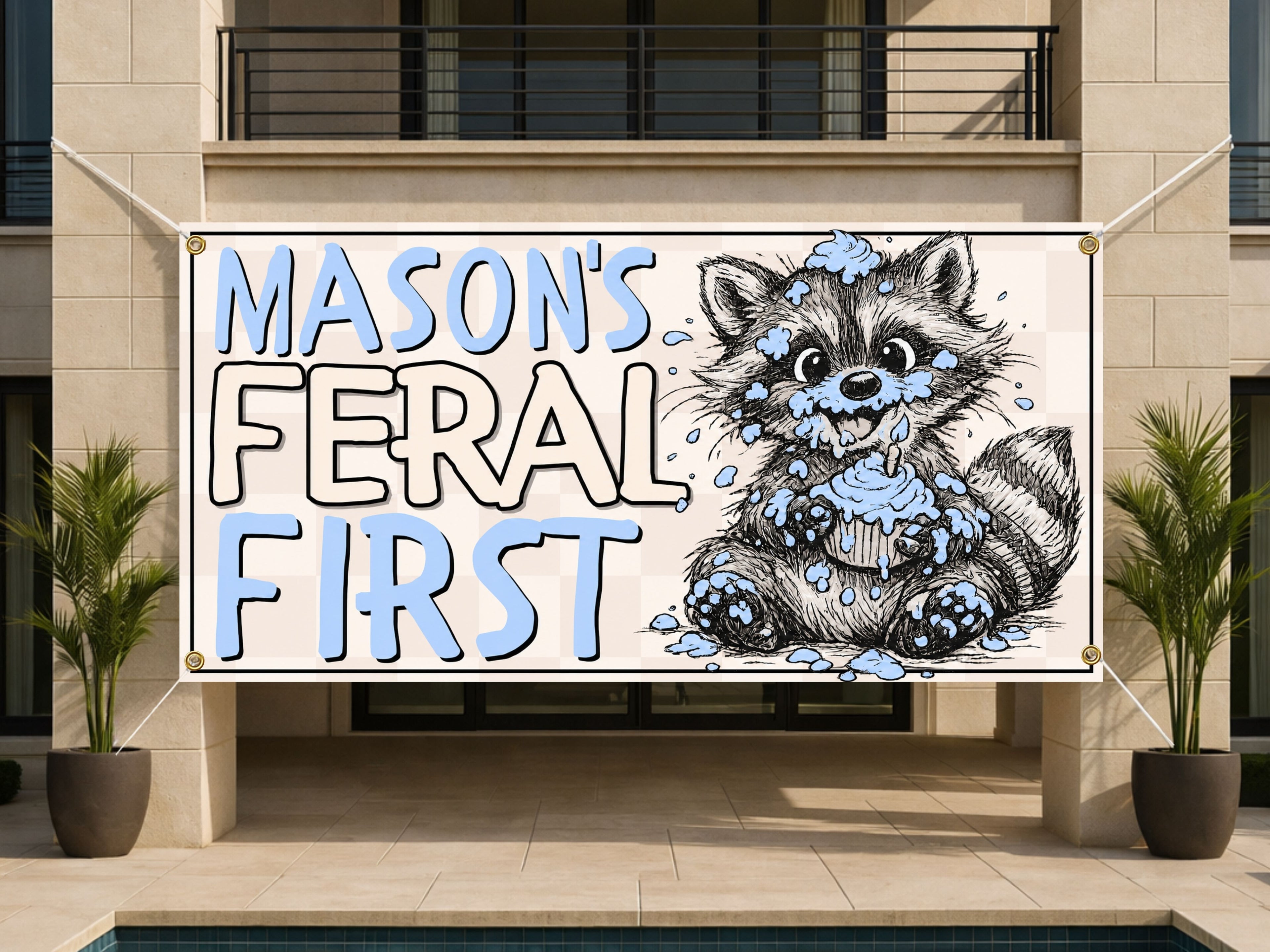 1st Birthday Banner, Feral Raccoon Party Sign for Boys