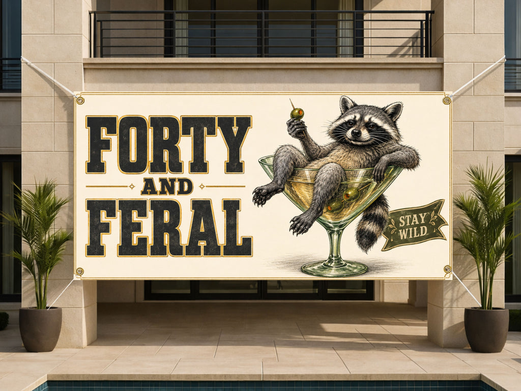 Funny 40th Birthday Banner, Forty And Feral Sign, Martini Party Backdrop