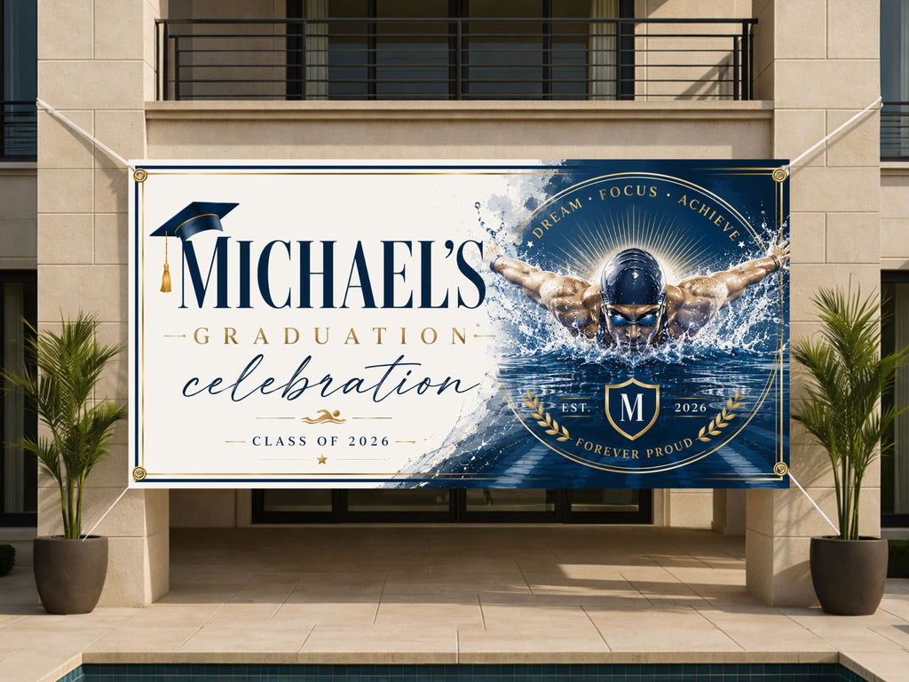Swimming Graduation Banner, Senior Athlete Sign, Custom Name Backdrop