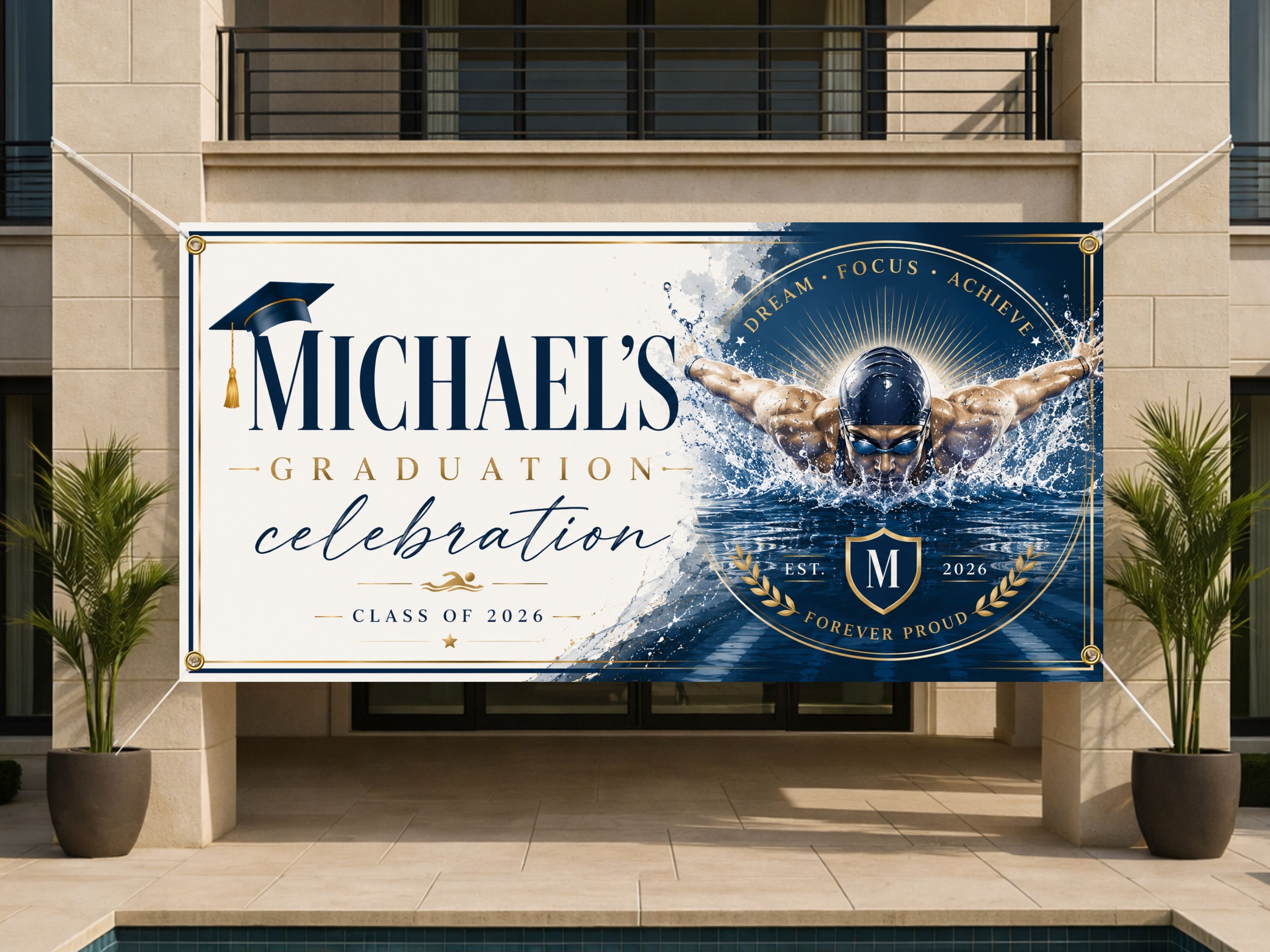 Swimming Graduation Banner, Senior Athlete Sign, Custom Name Backdrop