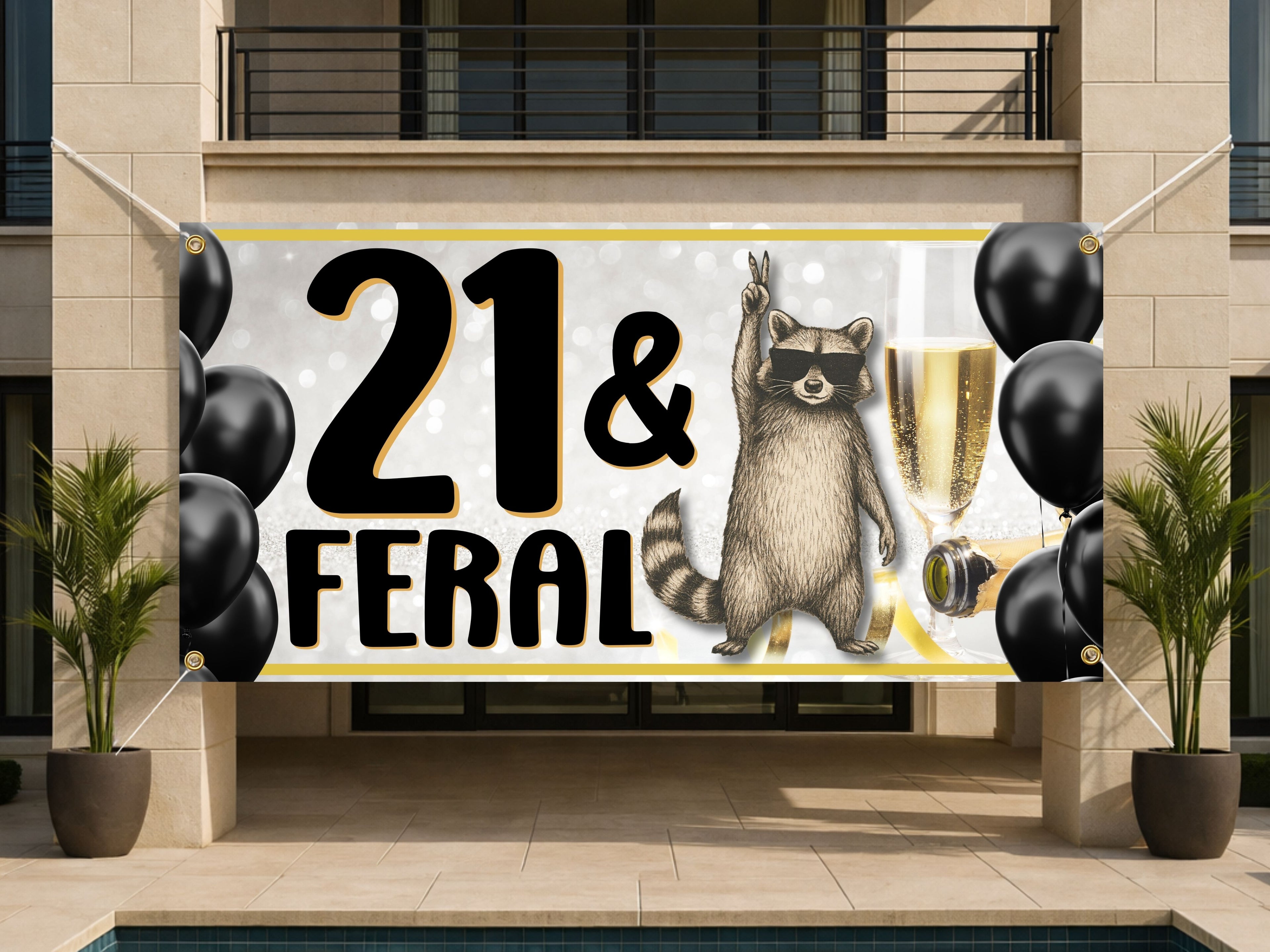 21st Birthday Banner, Feral 21 Party Sign, Raccoon Celebration Backdrop