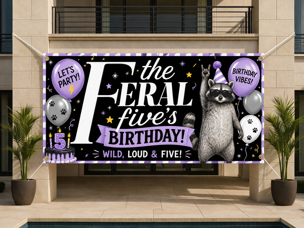 Funny 5th Birthday Banner, Feral Five Raccoon Sign, Personalized Kids Birthday Banner