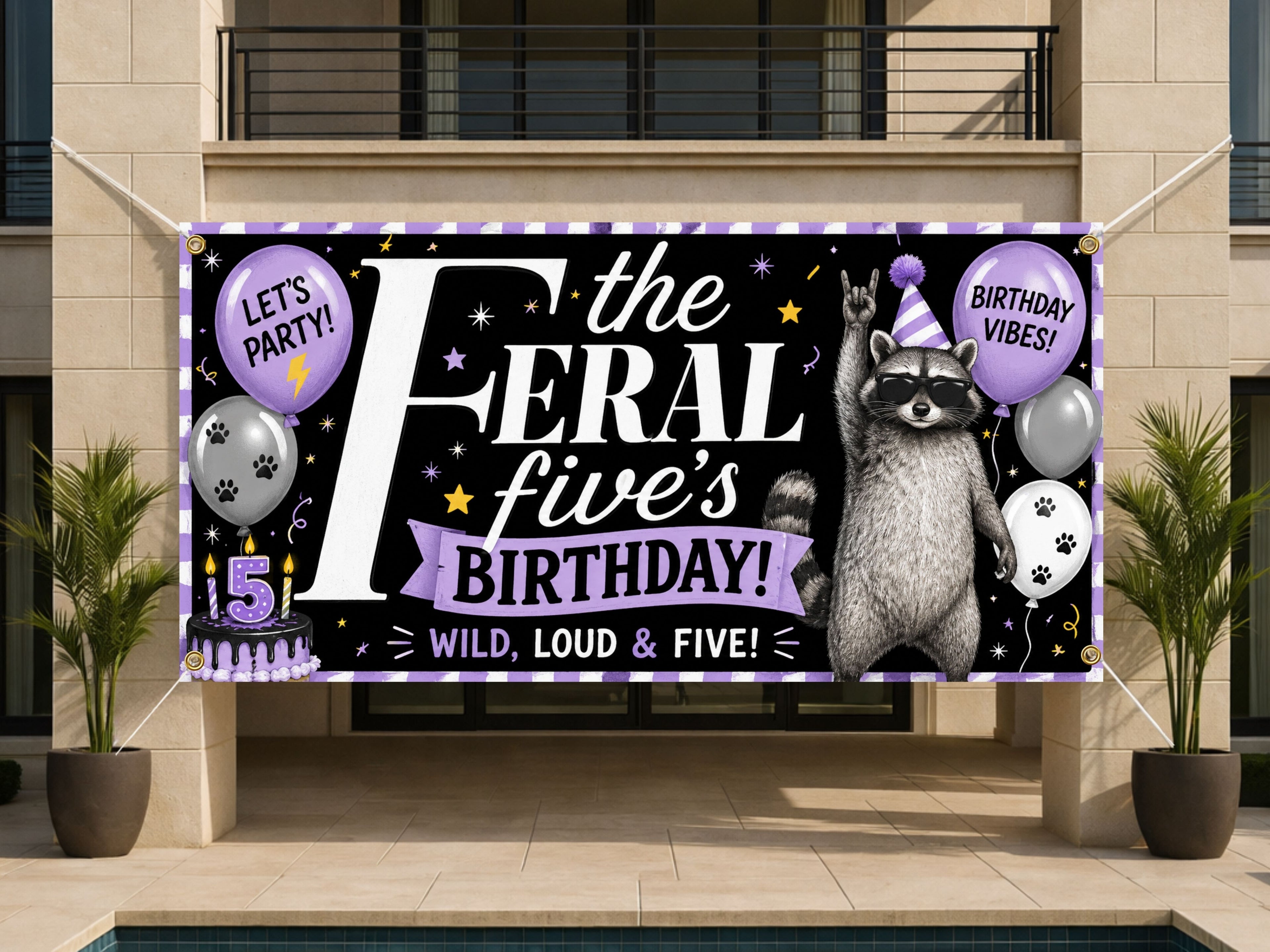 Funny 5th Birthday Banner, Feral Five Raccoon Sign, Personalized Kids Birthday Banner