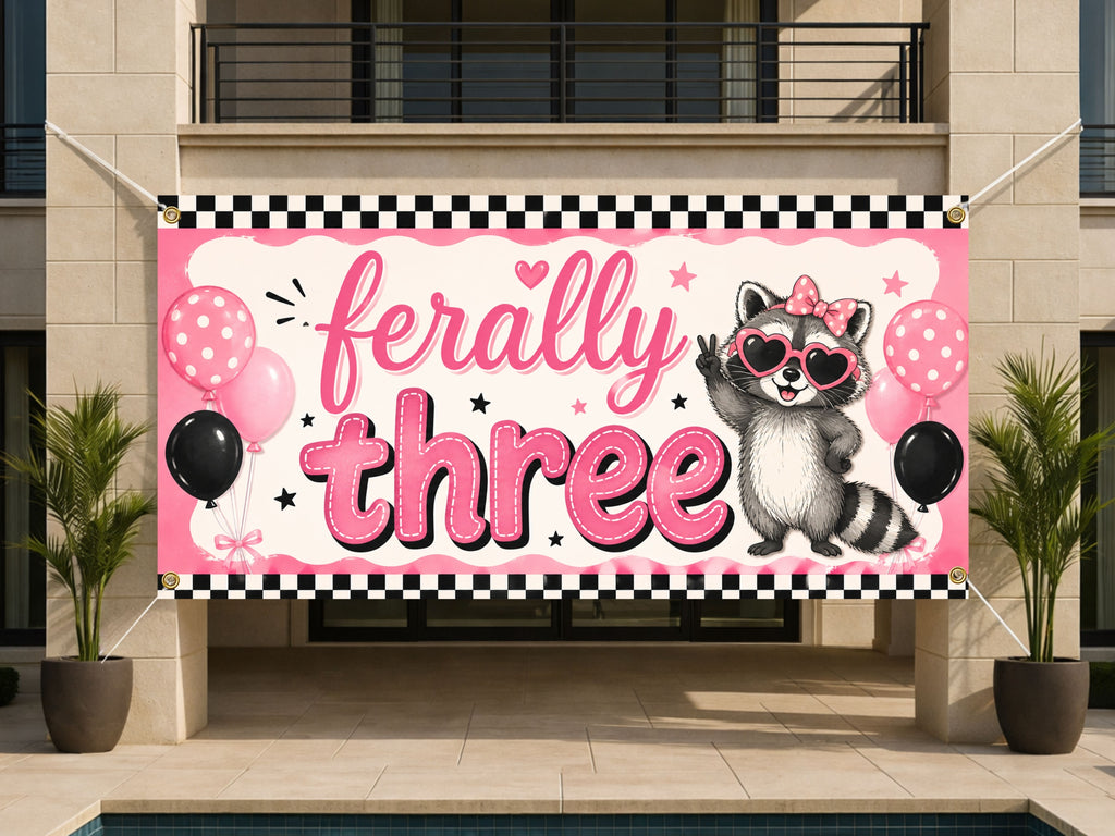 Funny 3rd Birthday Banner, Ferally Three Party Sign, Girls Photo Backdrop