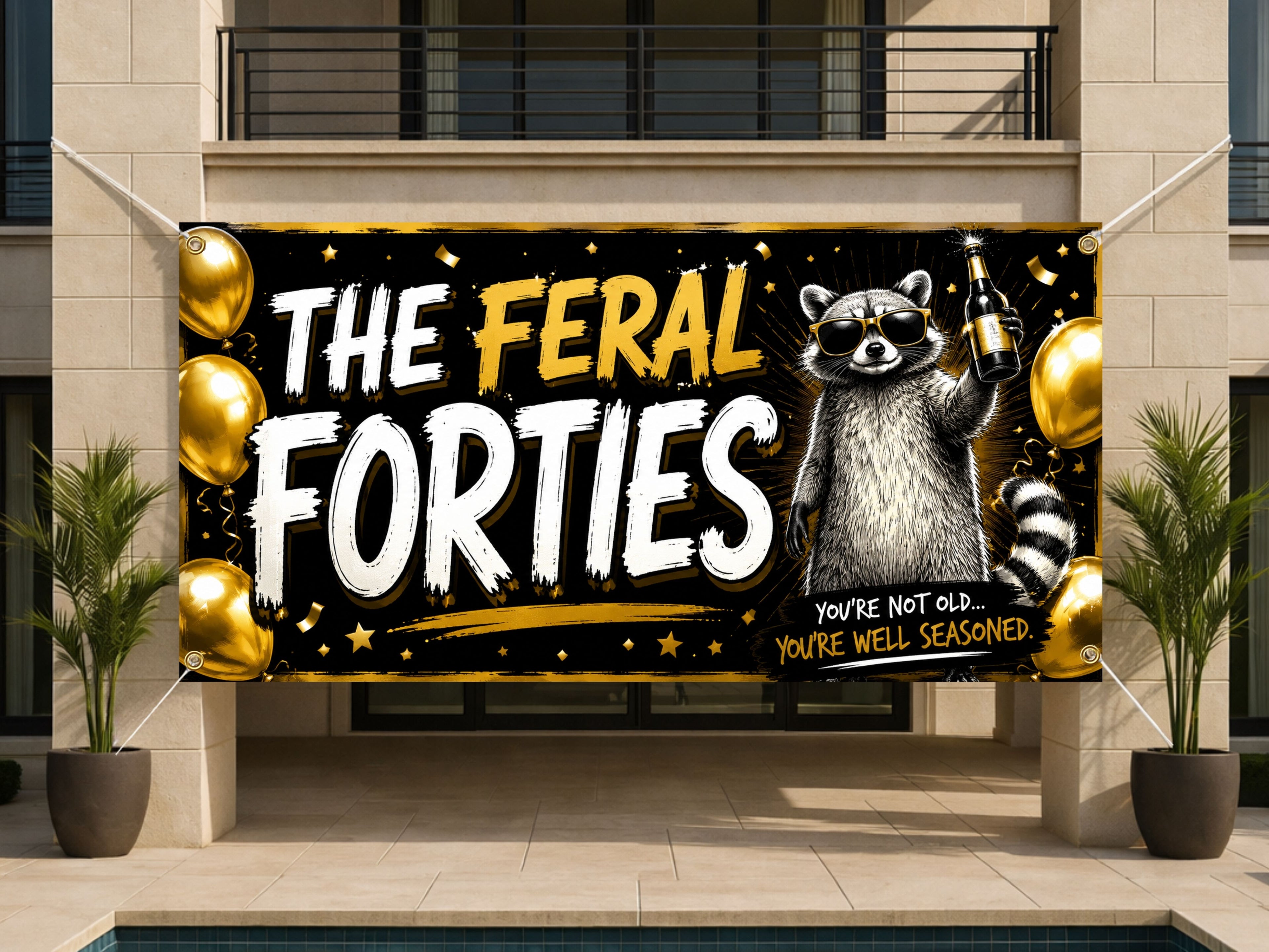 Funny 40th Birthday Banner, Feral Raccoon Sign, Party Backdrop