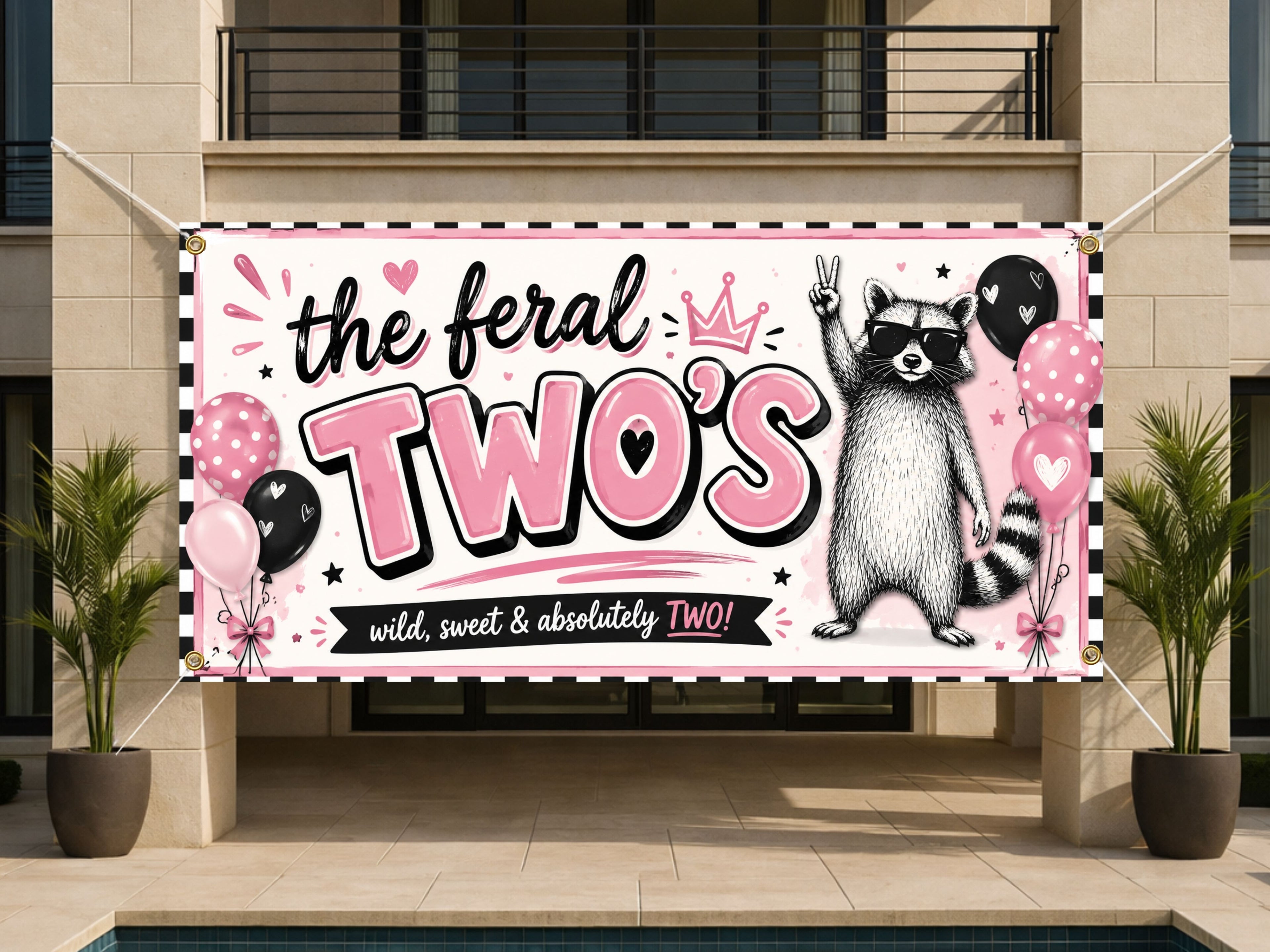 Funny 2nd Birthday Banner, Feral Twos Party Sign, Girls Photo Backdrop