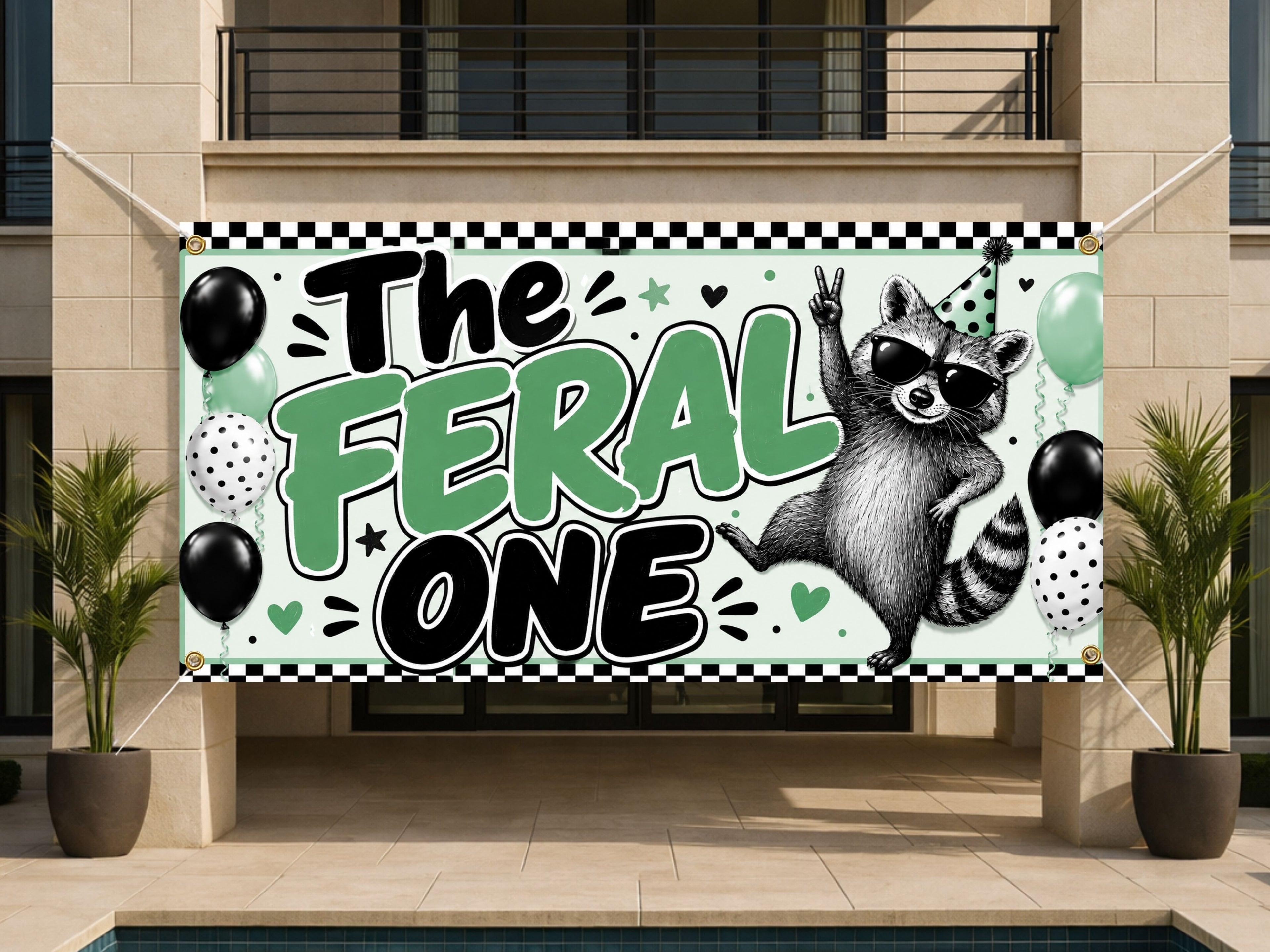 Funny 1st Birthday Banner, Feral One Raccoon Sign, Party Backdrop