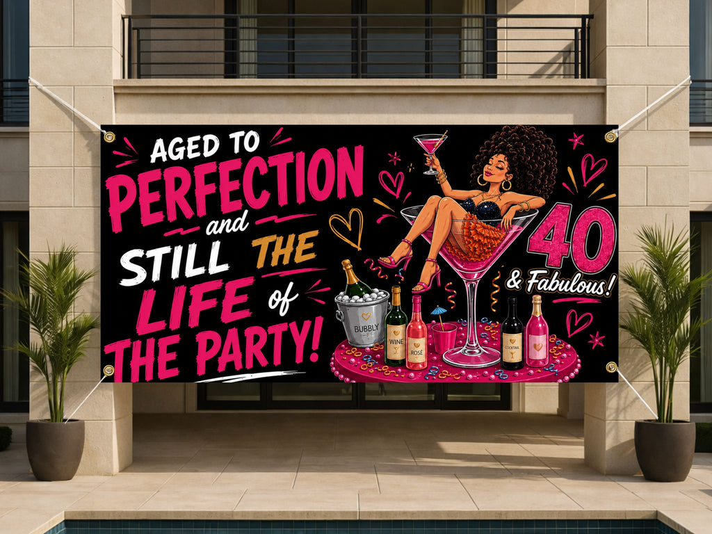 40th Birthday Banner, Aged to Perfection Sign, Wine Party Backdrop