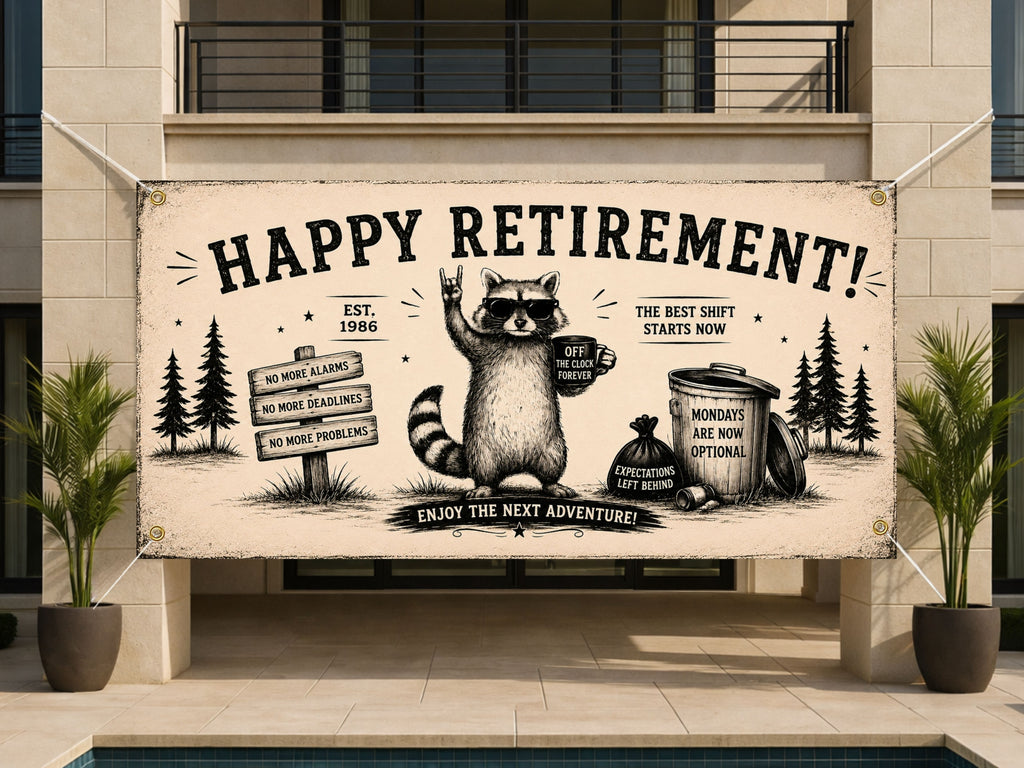 Funny Retirement Banner, Raccoon Retirement Sign, Farewell Party Backdrop