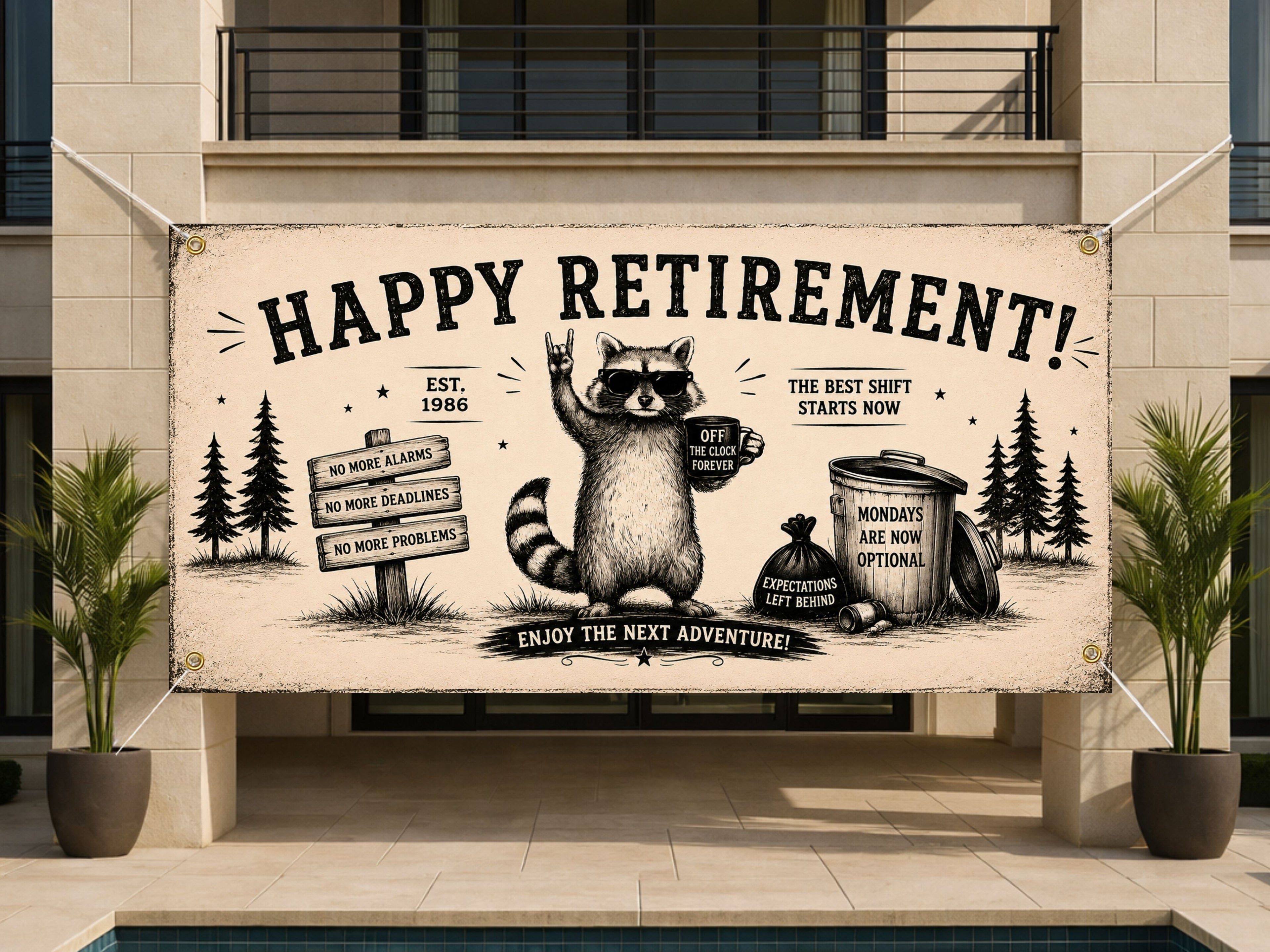 Funny Retirement Banner, Raccoon Retirement Sign, Farewell Party Backdrop