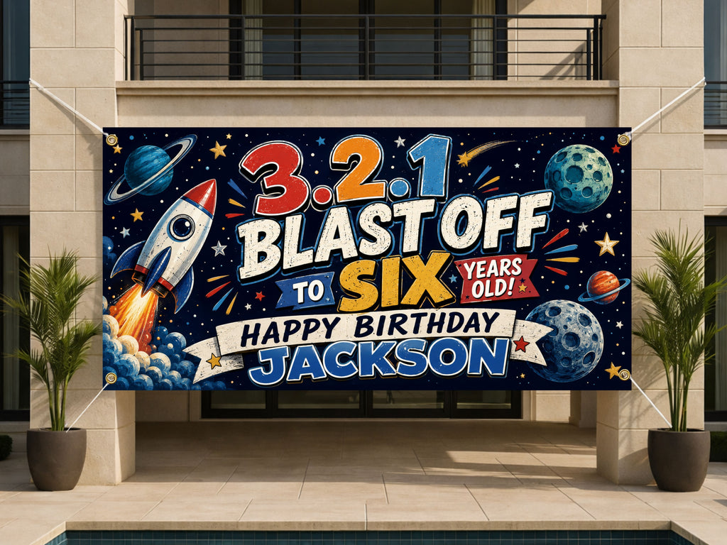 6th Birthday Banner, Space Rocket Party Sign, Boy Photo Backdrop