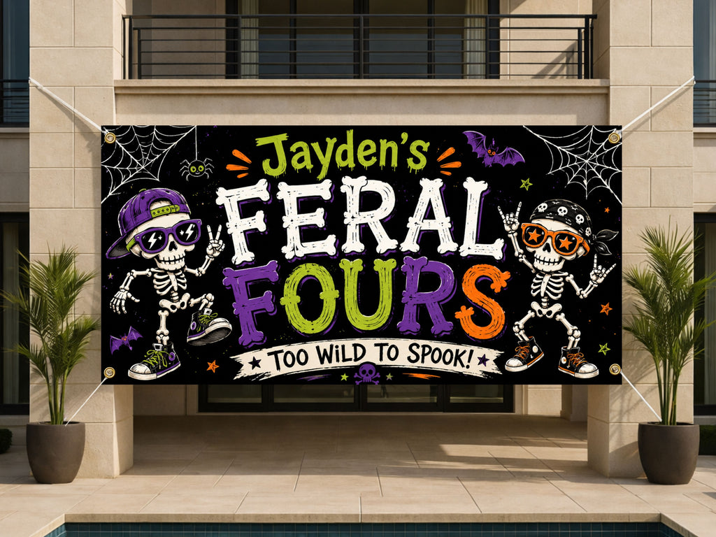 Personalized 4th Birthday Banner, Feral Fours Skeleton Party Sign, Halloween Backdrop