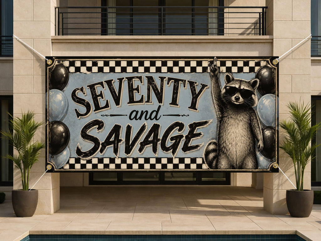 Funny 70th Birthday Banner, Raccoon Party Sign, Savage Birthday Backdrop