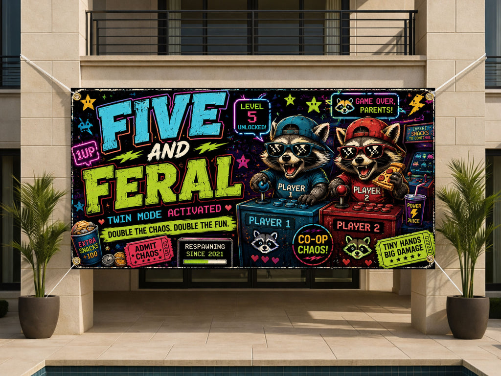 Funny 5th Birthday Banner, Twin Raccoon Party Sign, Gamer Backdrop