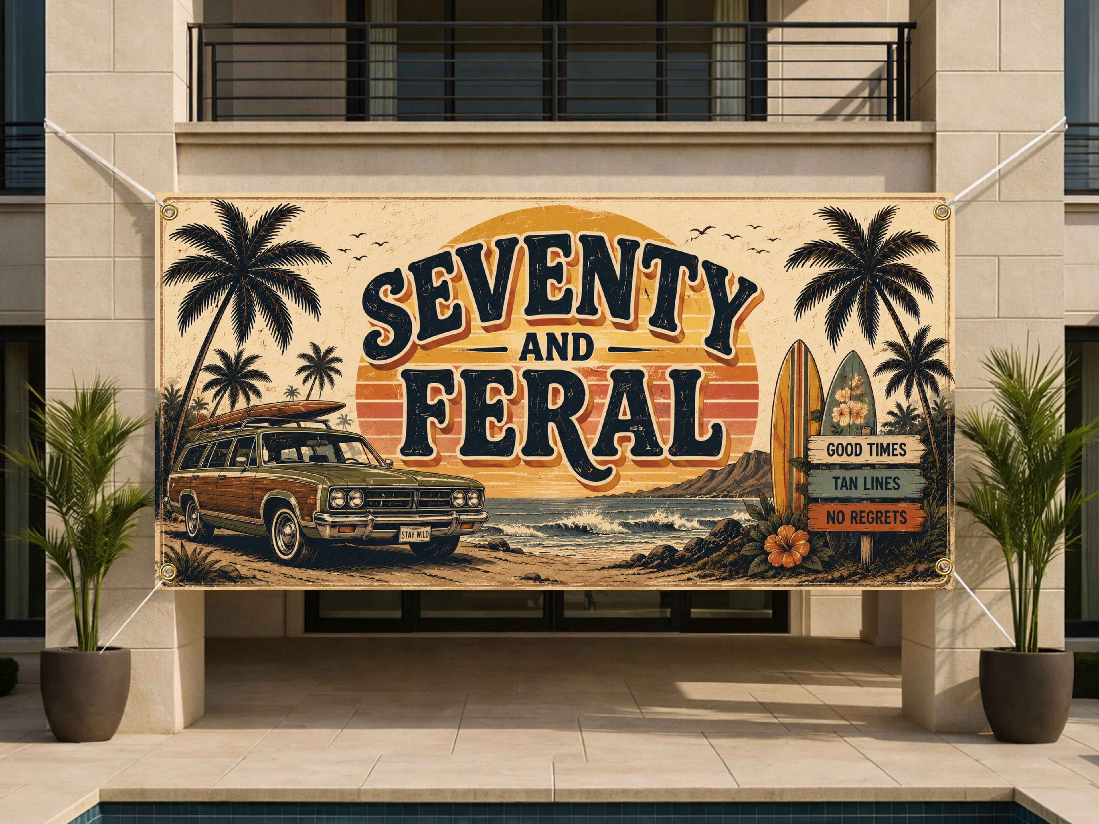 Funny 70th Birthday Banner, Seventy and Feral Party Sign, Custom Backdrop