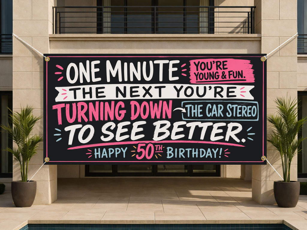Funny 50th Birthday Banner, Car Stereo Joke Sign, Party Backdrop